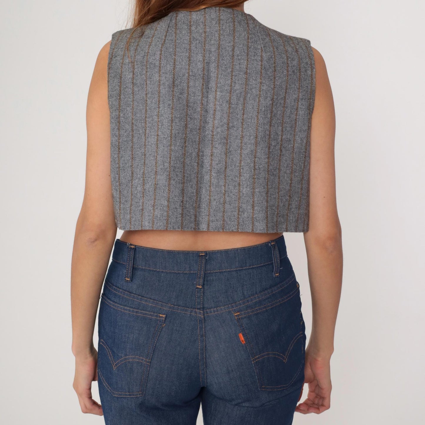 80s Grey Pinstripe Cropped Vest Open Front Sleeveless Small S