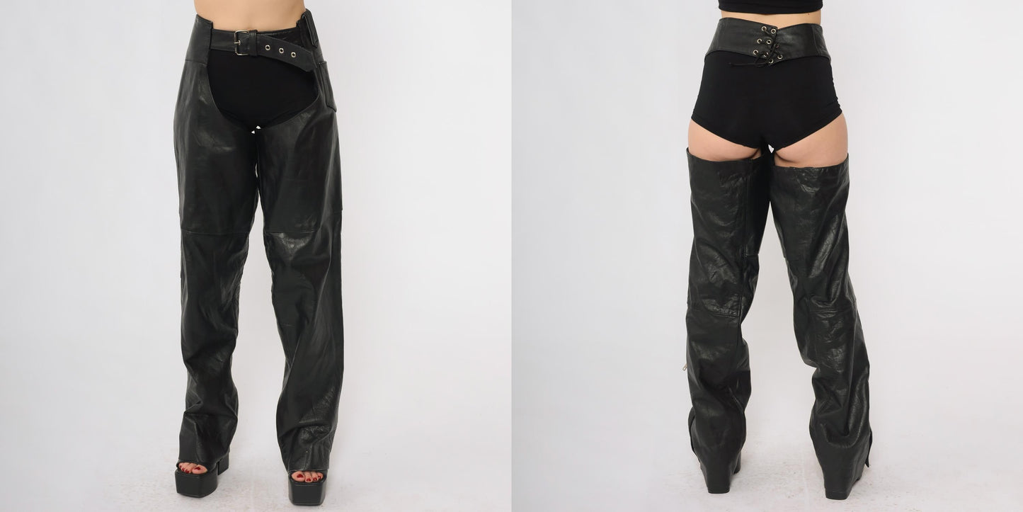90s Xelement Black Leather Chaps Motorcycle Gear Buckle Lace-Up Large L