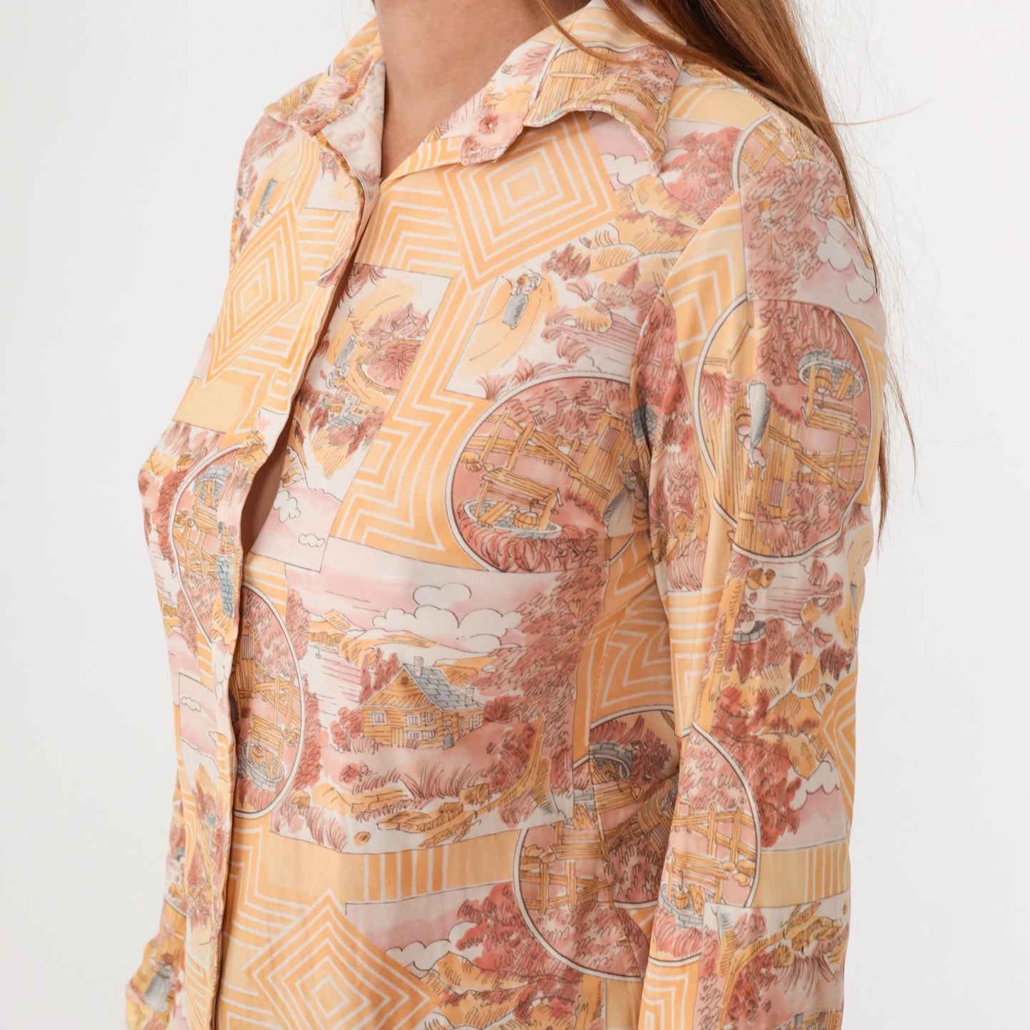 70s Scenic Toile Button-Up Shirt Orange Pink Pastoral Print Small S