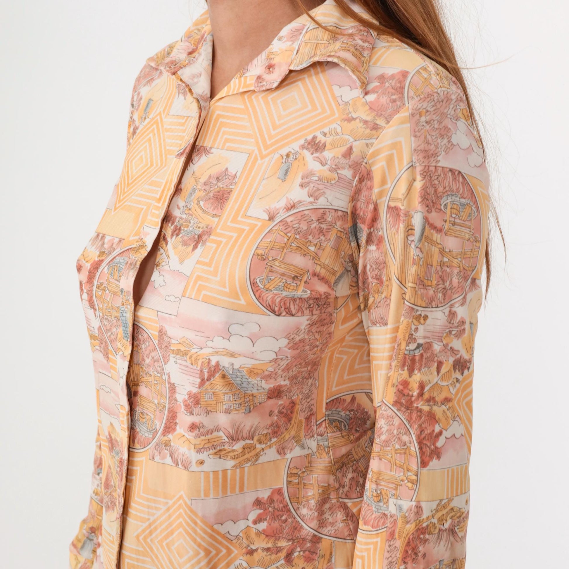 70s Scenic Toile Button-Up Shirt Orange Pink Pastoral Print Small S