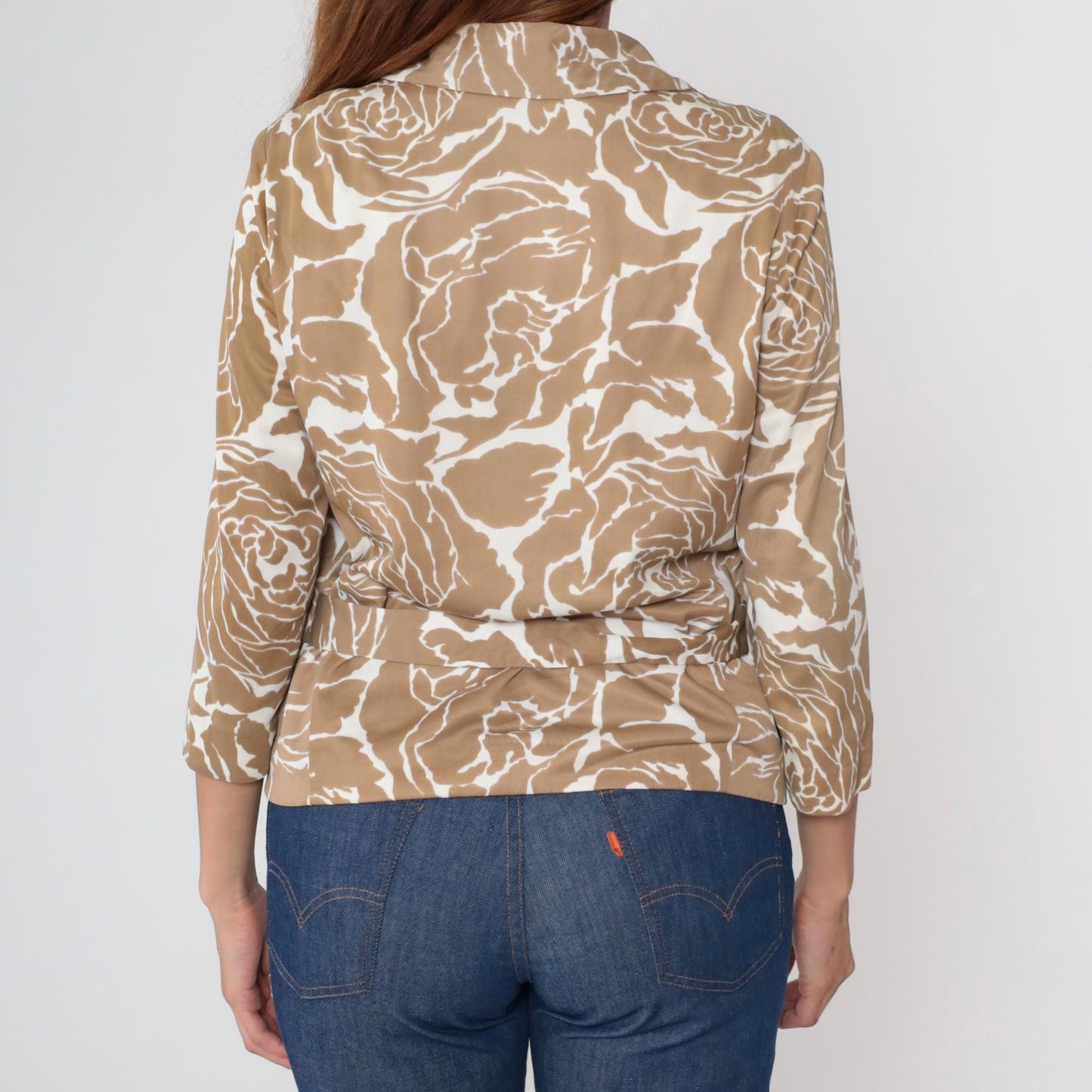 60s Mod Jacket Beige White Abstract Floral Double Breasted Cropped Large L