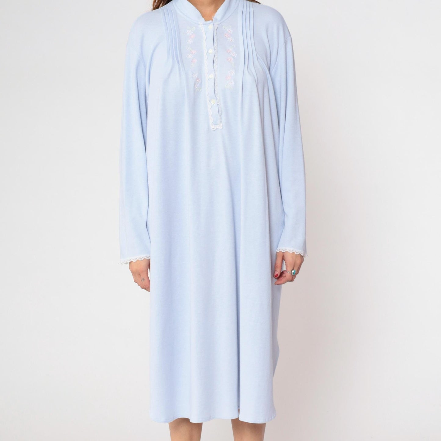 80s Vanity Fair Pastel Blue Nightgown Embroidered Floral Button Front Extra Large XL