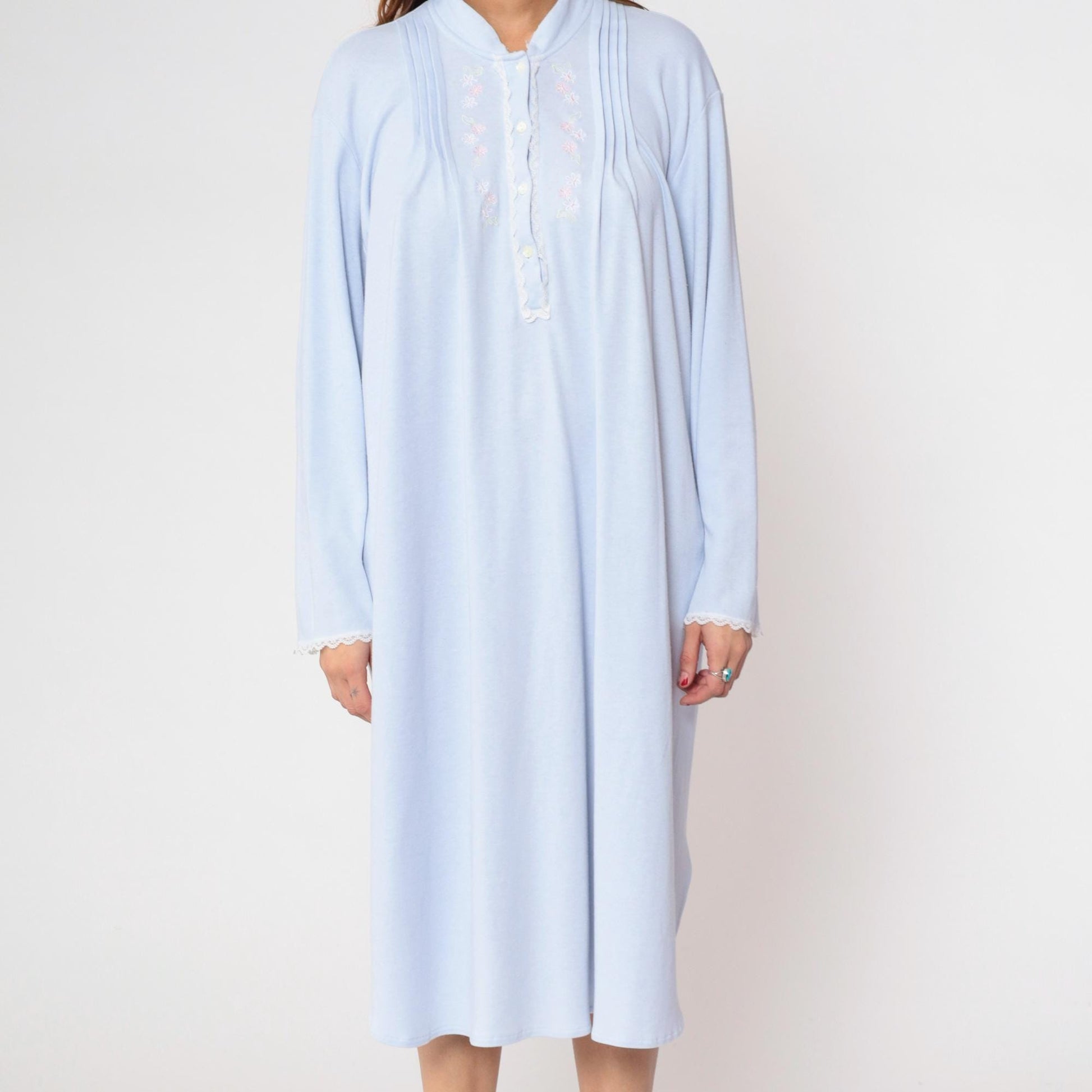 80s Vanity Fair Pastel Blue Nightgown Embroidered Floral Button Front Extra Large XL