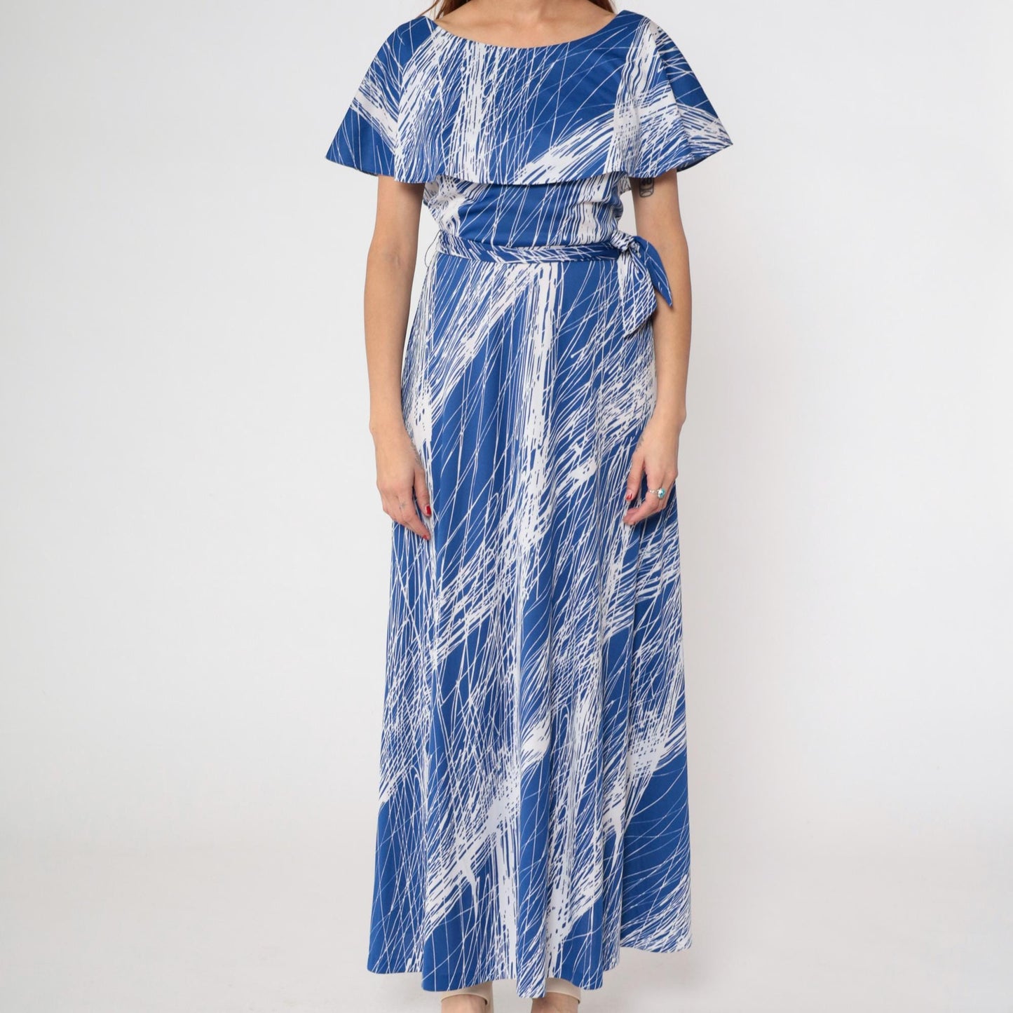 70s Mary Martin Maxi Dress Blue White Brushstroke Capelet Boat Neck Medium