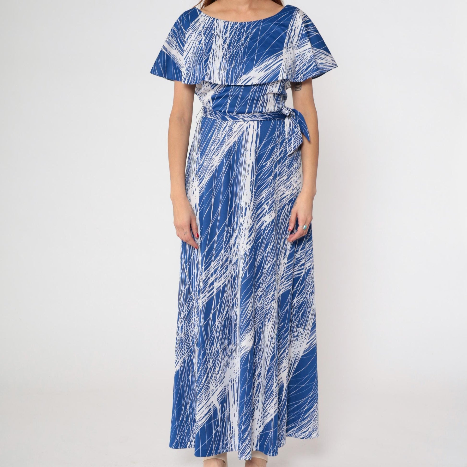 70s Mary Martin Maxi Dress Blue White Brushstroke Capelet Boat Neck Medium