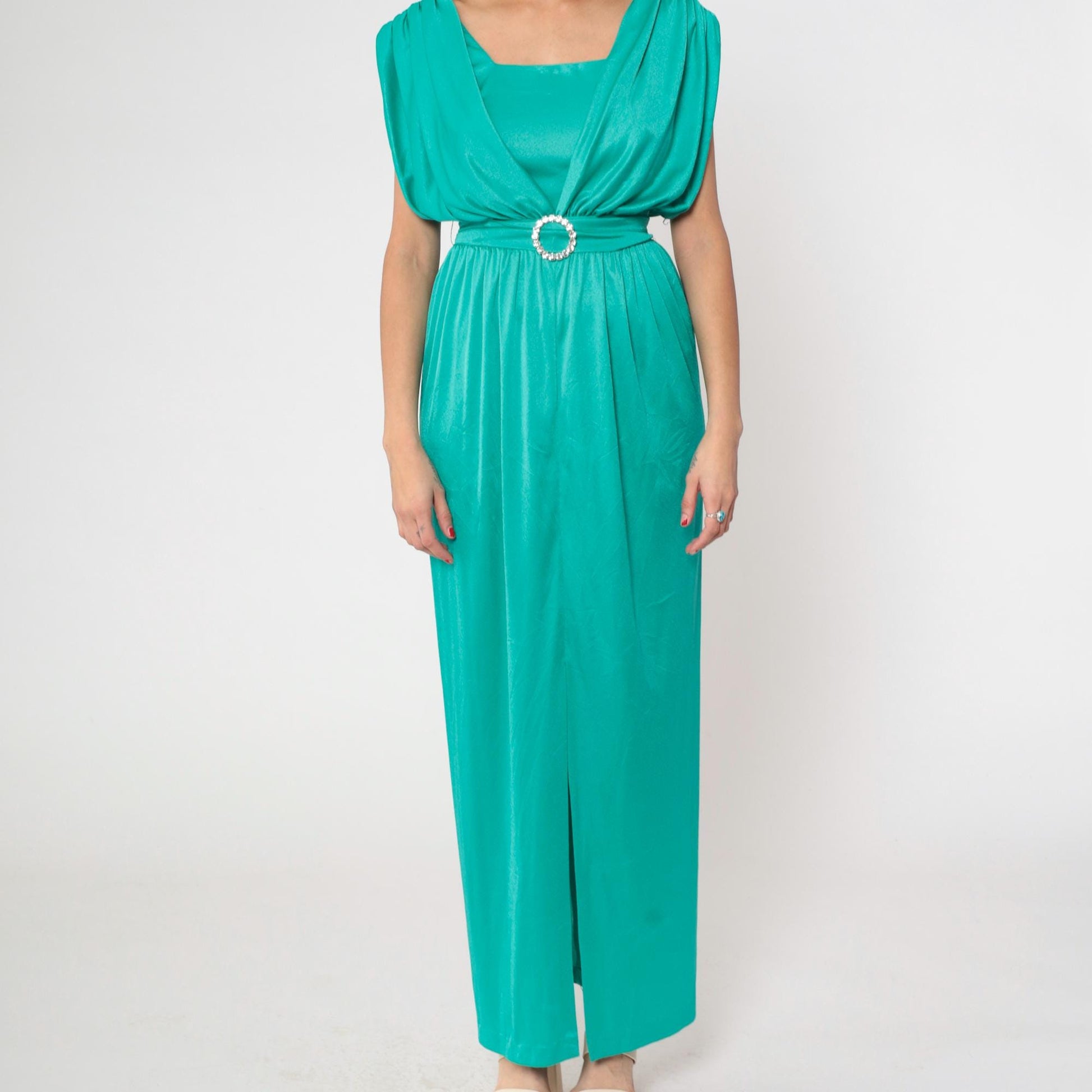 70s Mary Martin Teal Maxi Dress Rhinestone Buckle Square Neck Draped Slit Medium M