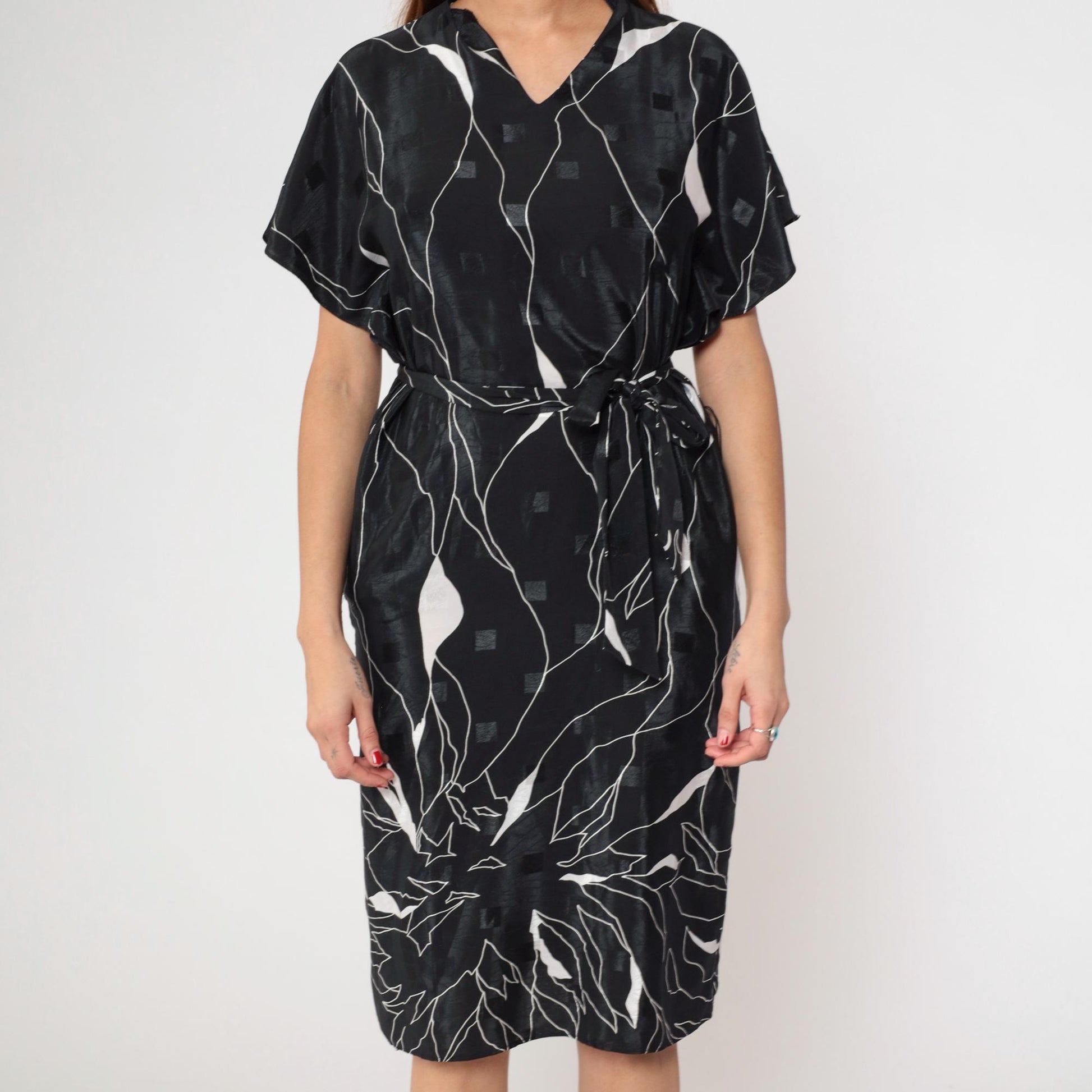 80s Brenner Petites Geometric Midi Dress Black White Abstract Print Belted Medium