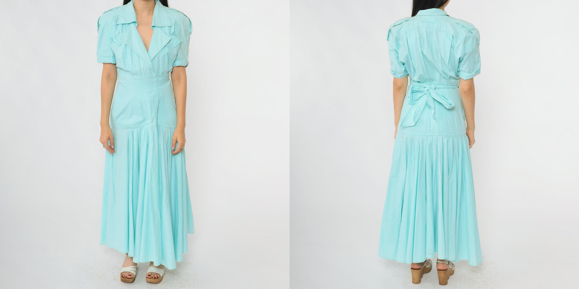 90s Karen Alexander Prairie Wrap Dress Mint Green Cotton Maxi Puff Sleeves Small S