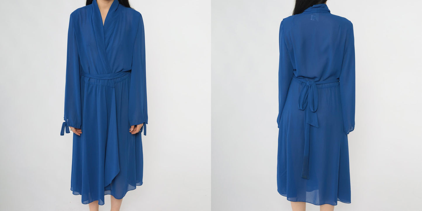 80s Royal Blue Wrap Dress Miss Elliette Midi Tie Waist Long Sleeve Large L