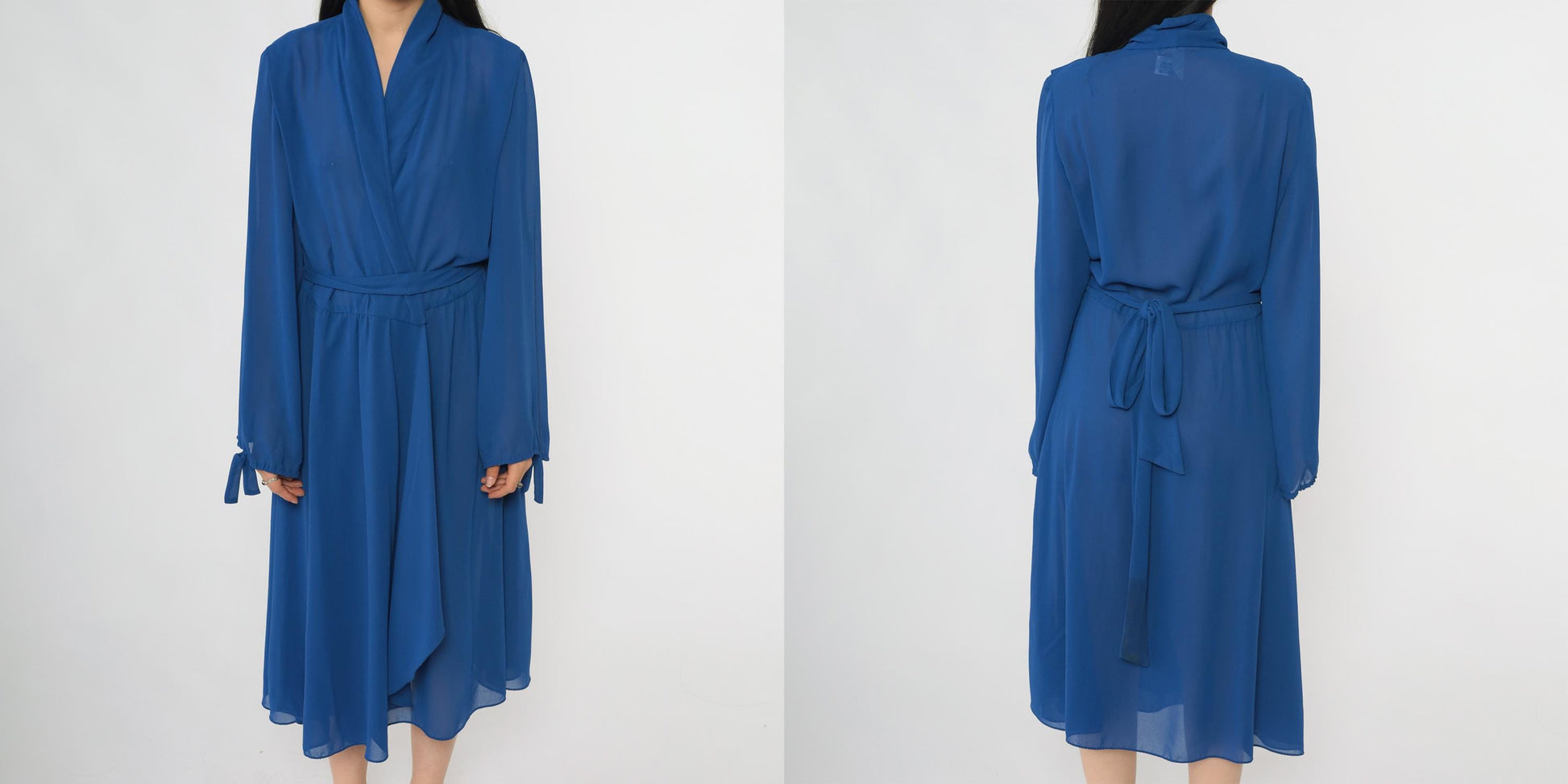 80s Royal Blue Wrap Dress Miss Elliette Midi Tie Waist Long Sleeve Large L