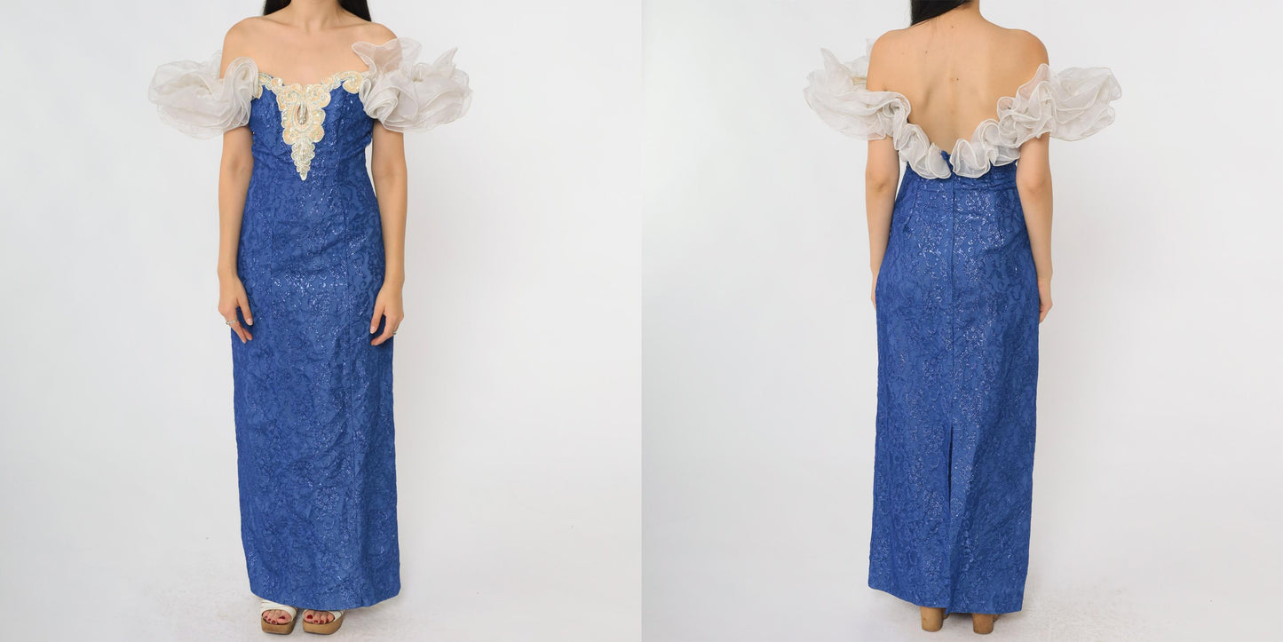 80s Royal Blue Lace Prom Gown Loralie Beaded Strapless Small