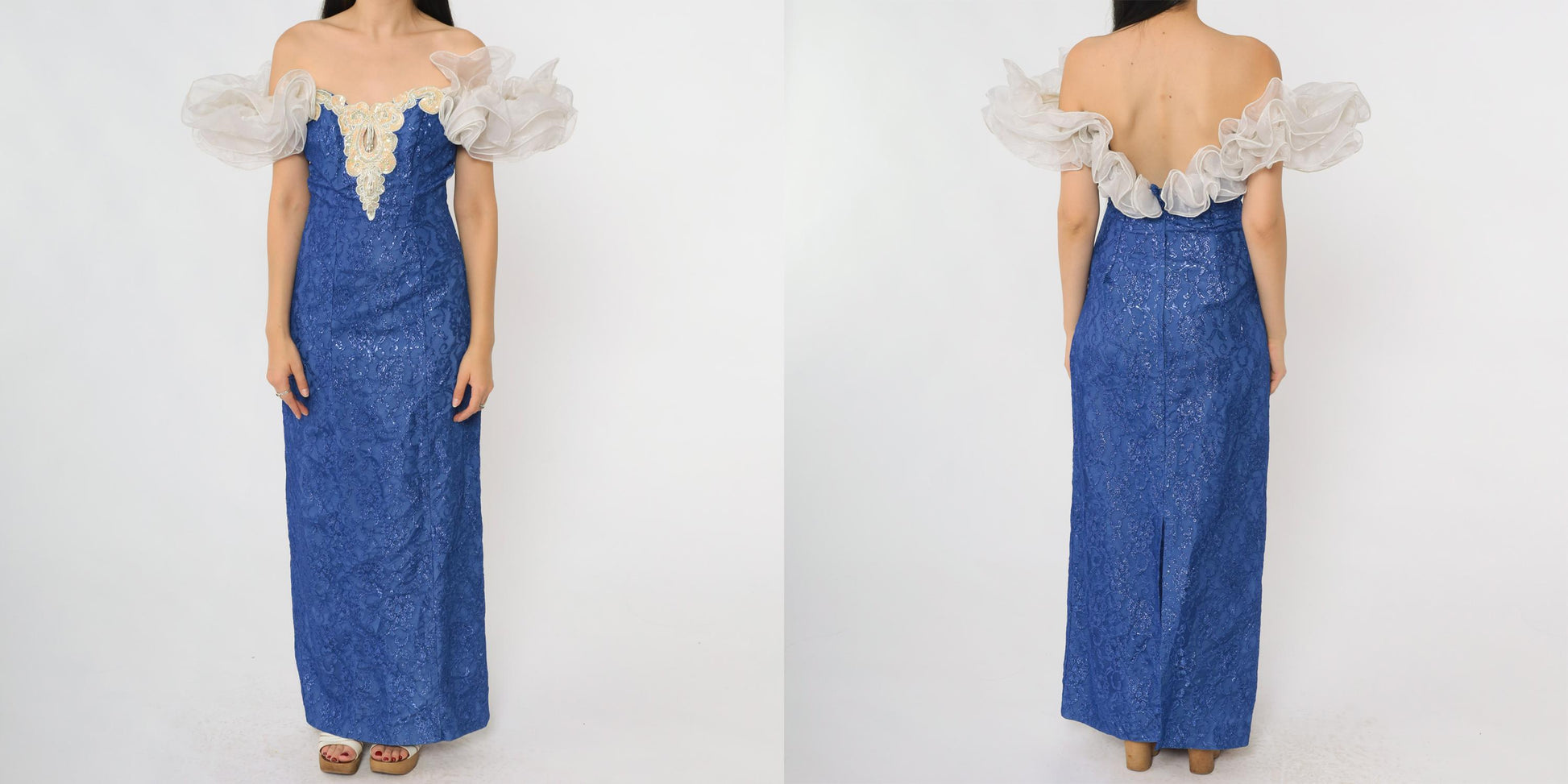 80s Royal Blue Lace Prom Gown Loralie Beaded Strapless Small