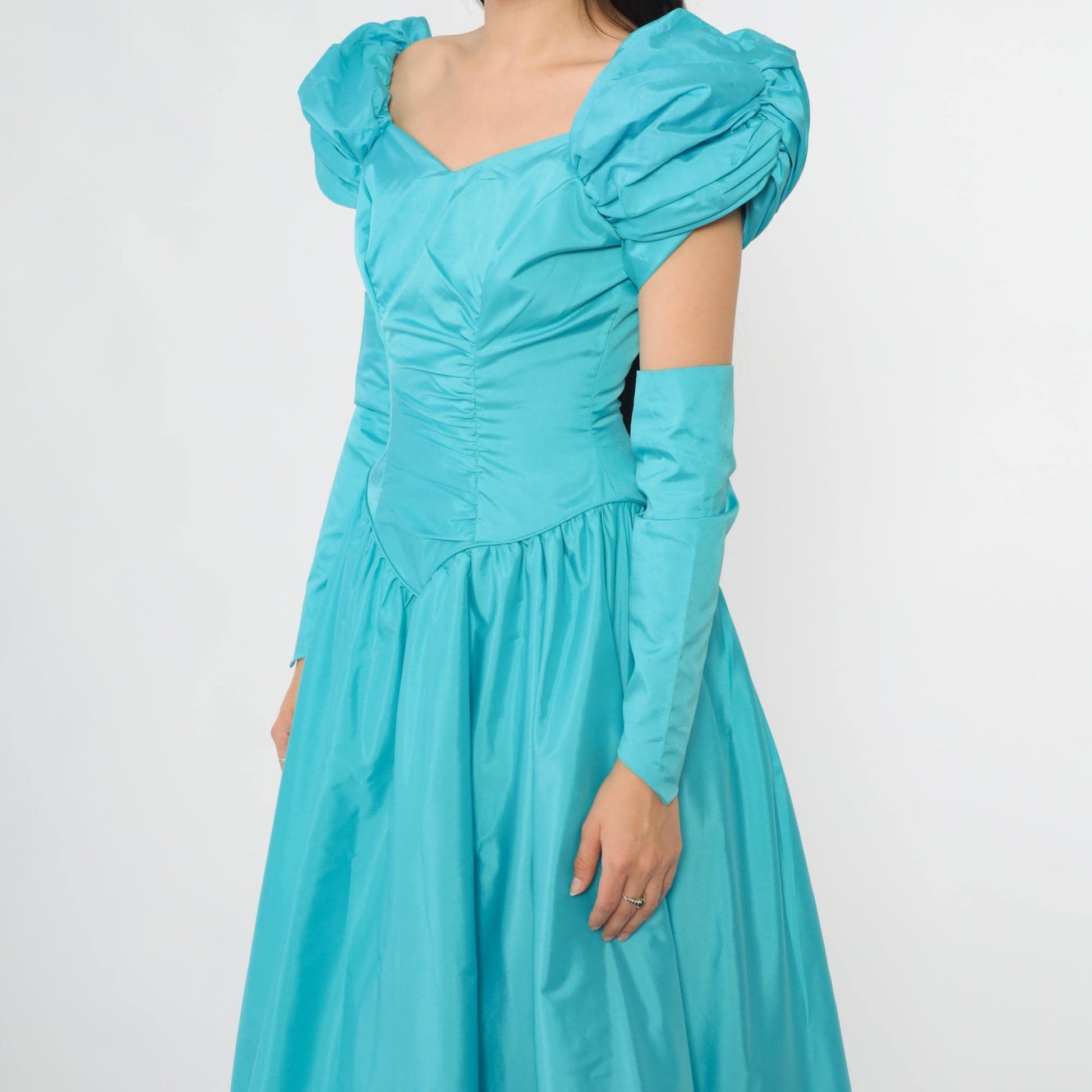 80s Turquoise Ball Gown Puff Sleeve Off-Shoulder Sweetheart Neckline Extra Small XS