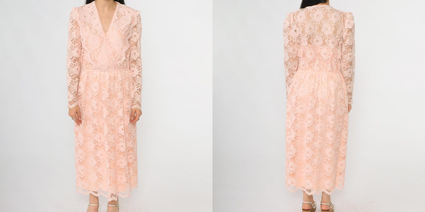 80s Blush Pink Floral Lace Maxi Dress V-Neck Empire Waist Small