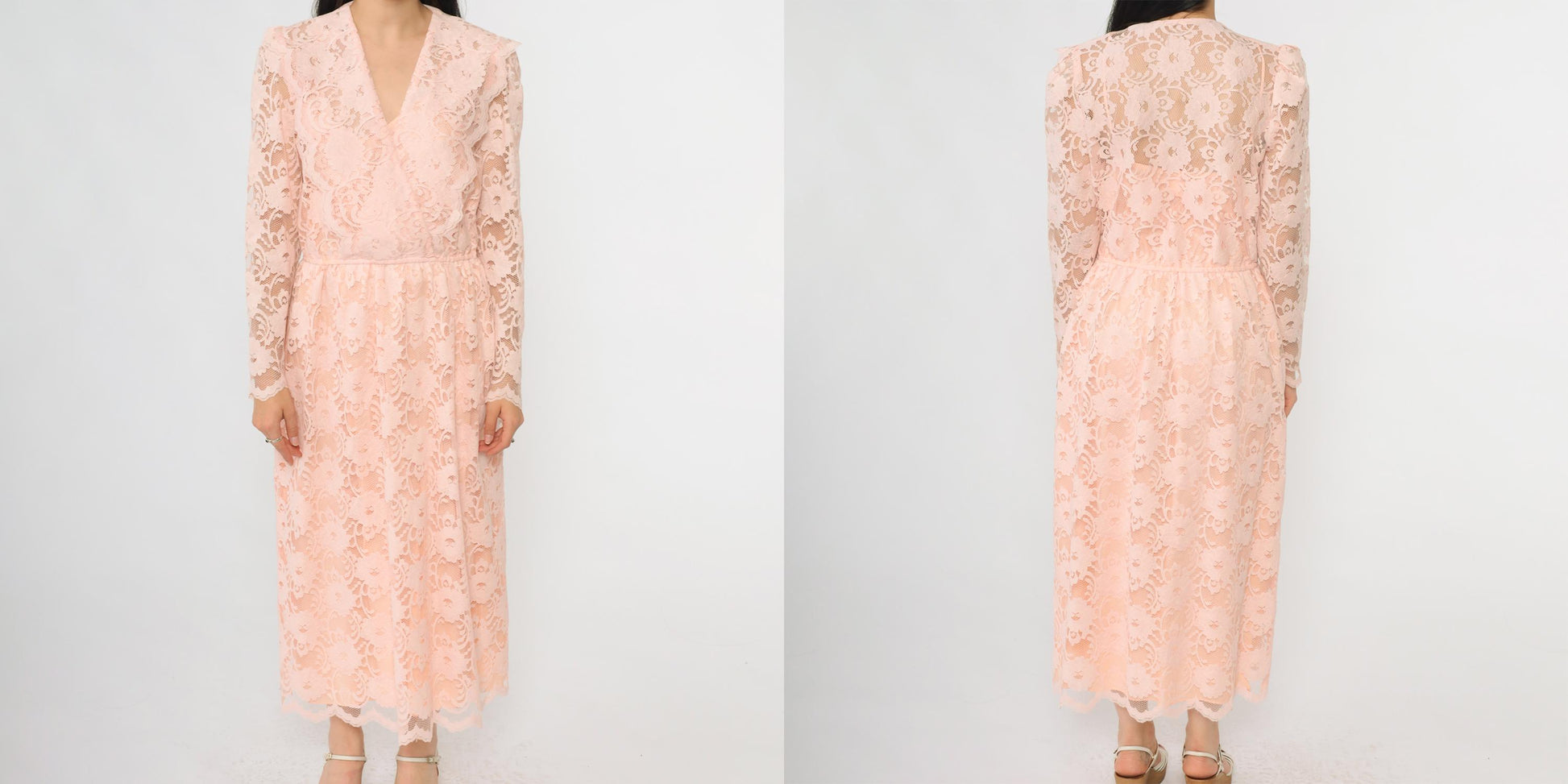 80s Blush Pink Floral Lace Maxi Dress V-Neck Empire Waist Small