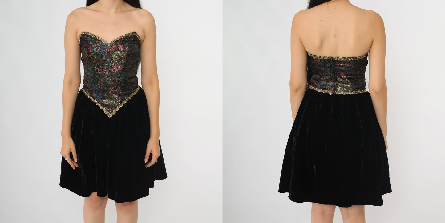 80s Zum Zum Black Mini Dress Brocade Bodice Gold Trim Sweetheart Small