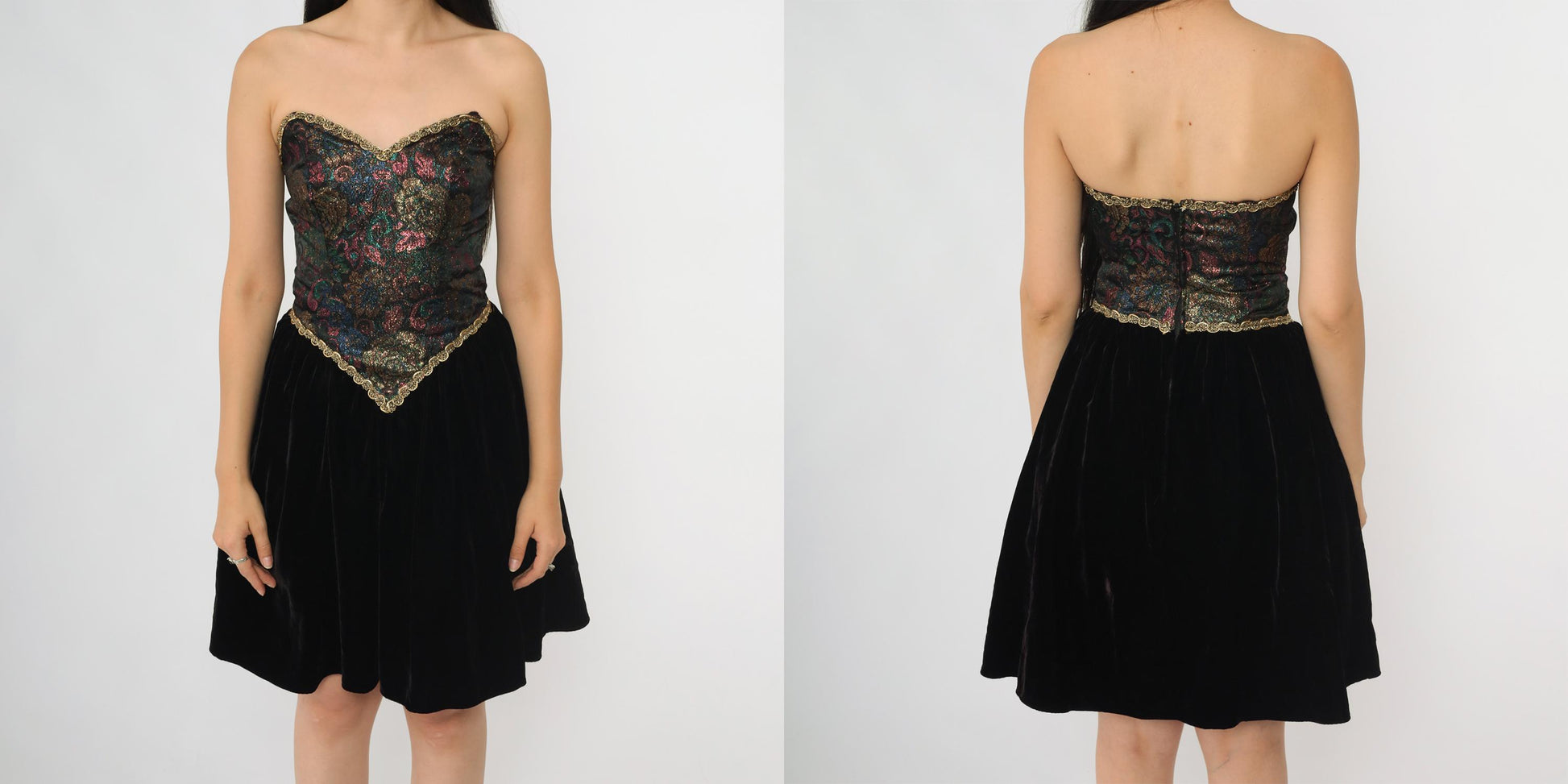 80s Zum Zum Black Mini Dress Brocade Bodice Gold Trim Sweetheart Small