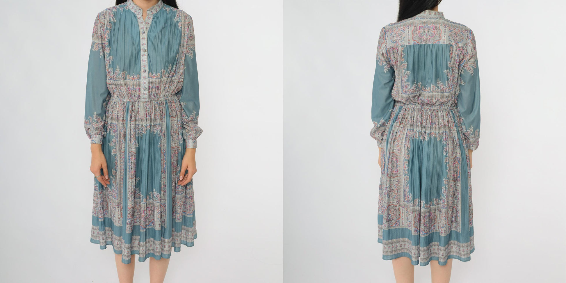 80s Hal Ferman Sage Green Midi Dress Paisley Floral Print Mandarin Collar Medium