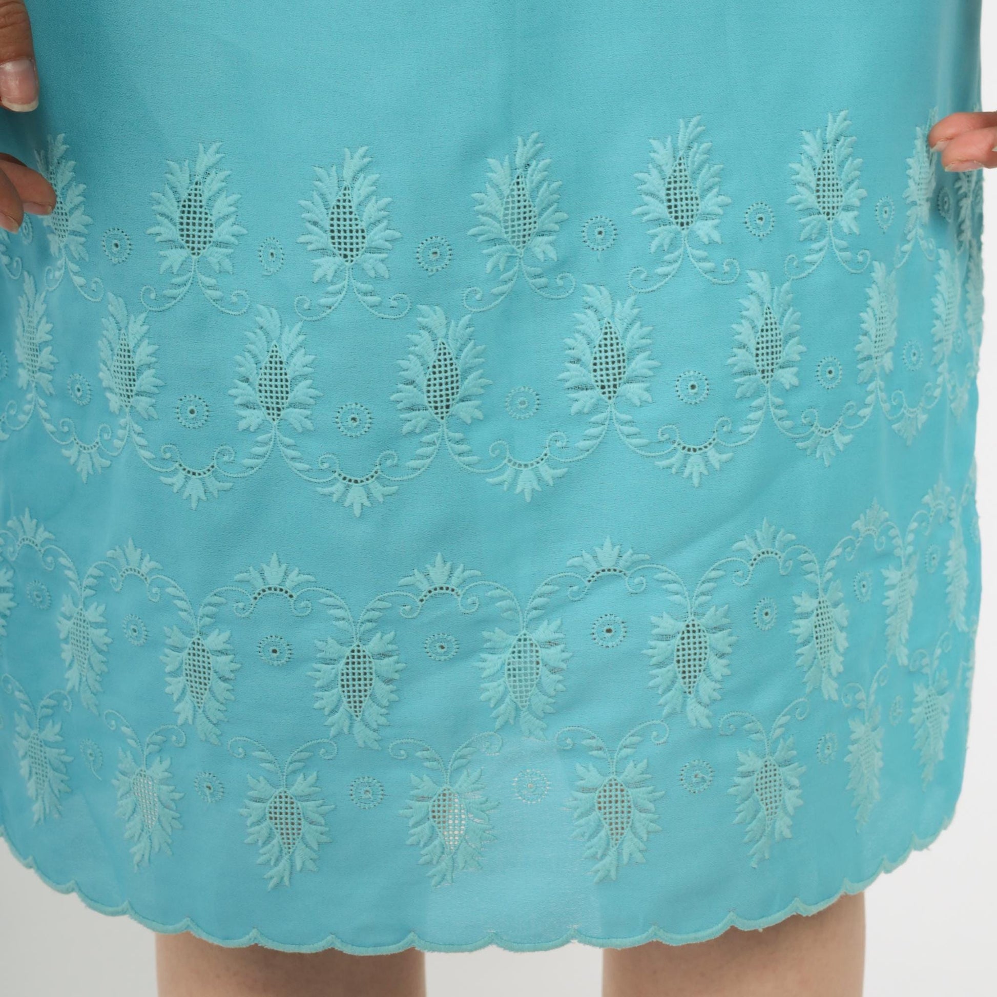 60s Turquoise Shift Dress Mandarin Collar Embroidered Eyelet Mini Large L