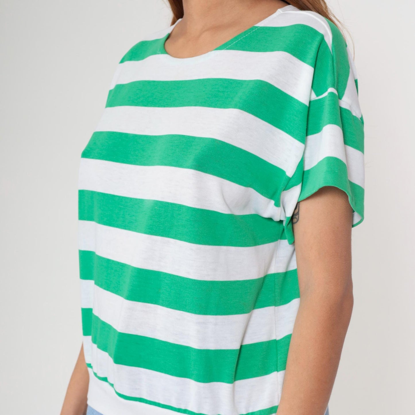 80s Striped T-Shirt White Green Crew Neck Short Sleeve Cotton Medium