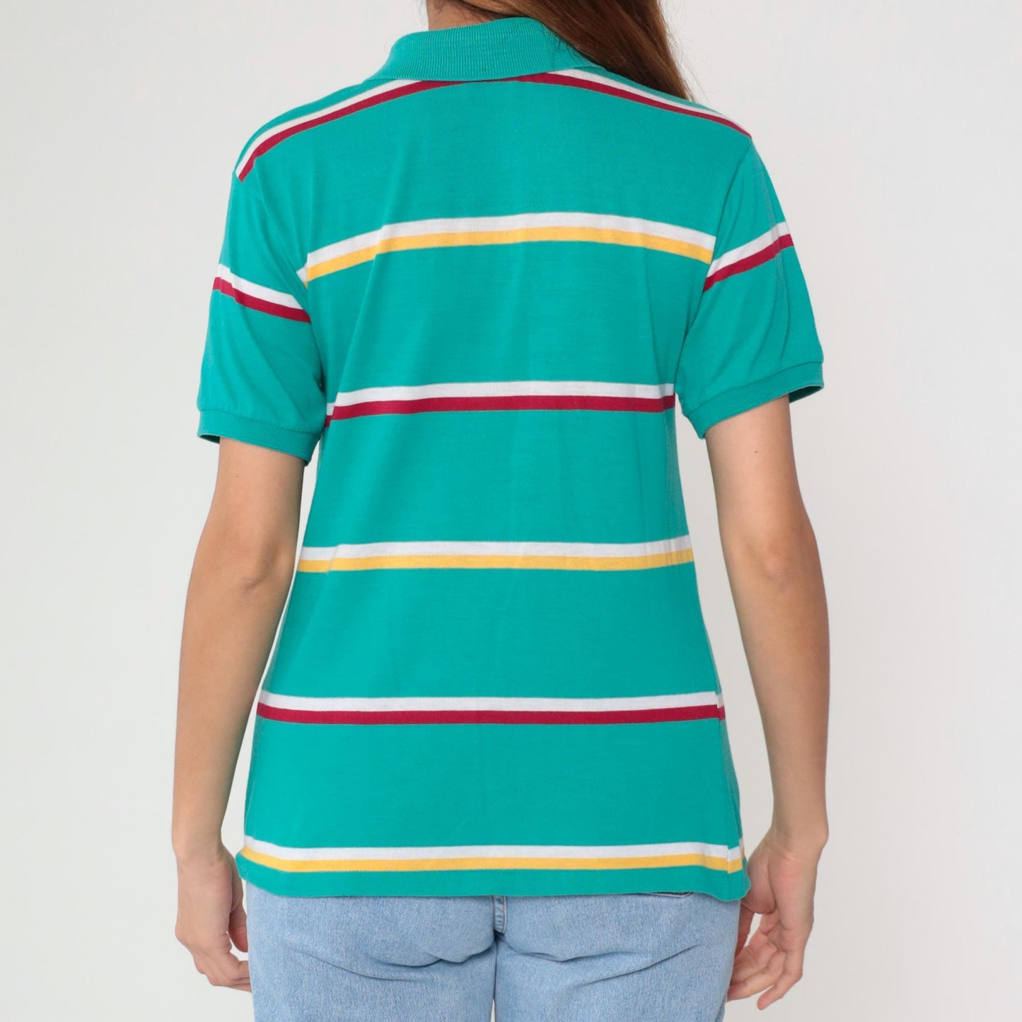 80s Green Striped Polo Shirt Duck Crest Embroidered Collared Large L