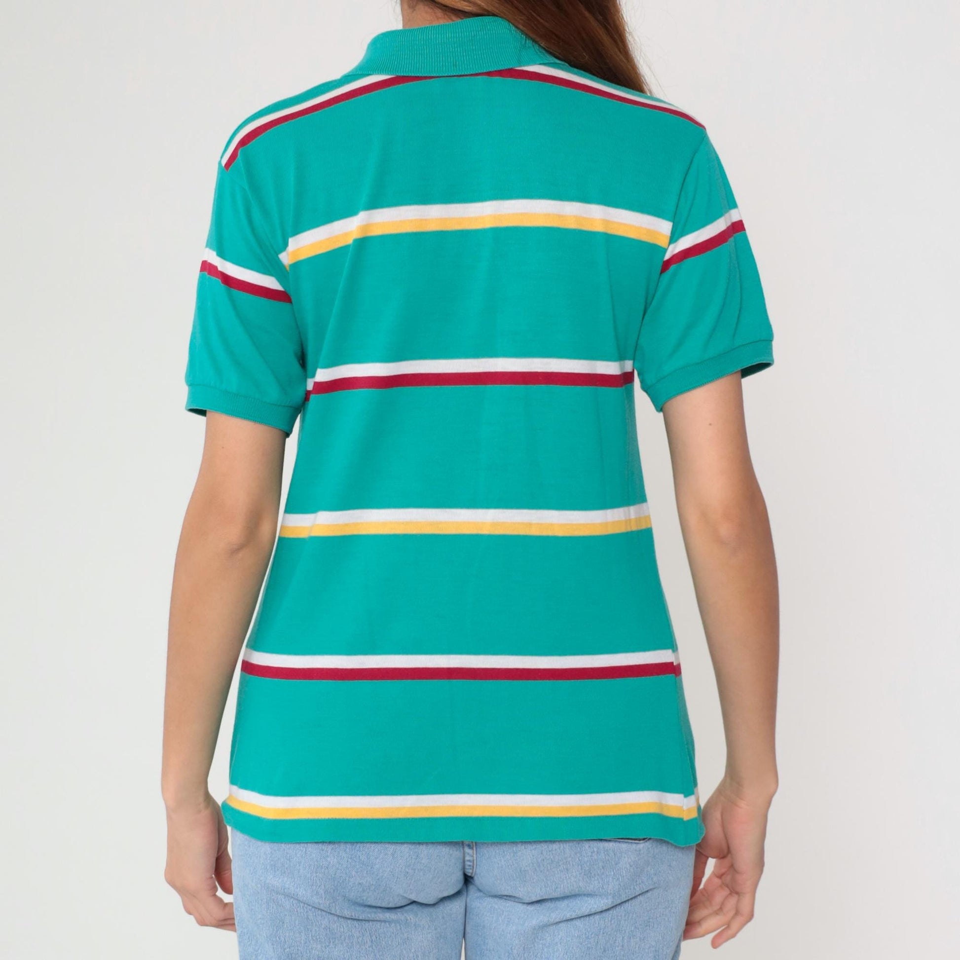 80s Green Striped Polo Shirt Duck Crest Embroidered Collared Large L