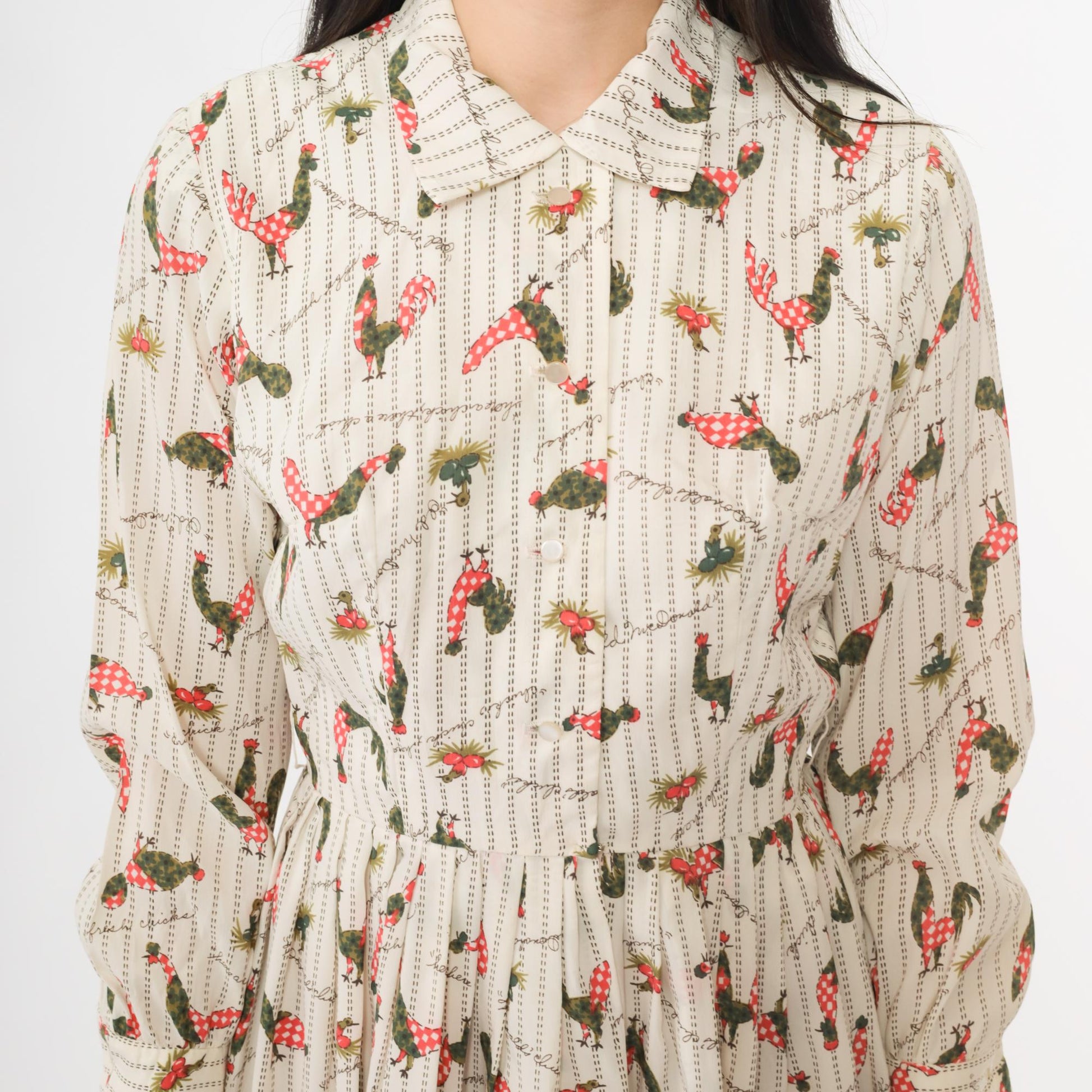 60s Rooster Print Cream Dress Peter Pan Collar Button Front Extra Small XS