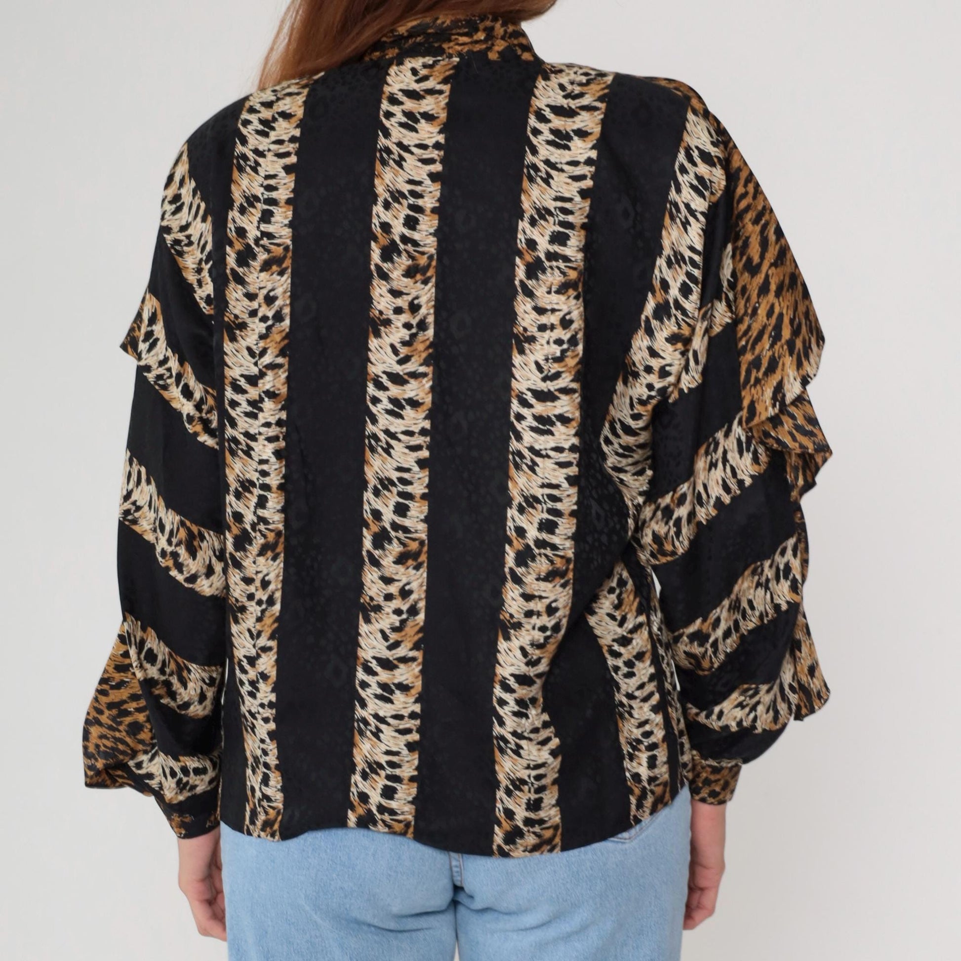 90s Adrianna Papell Silk Blouse Leopard Stripe Ruffle Long Sleeve Medium