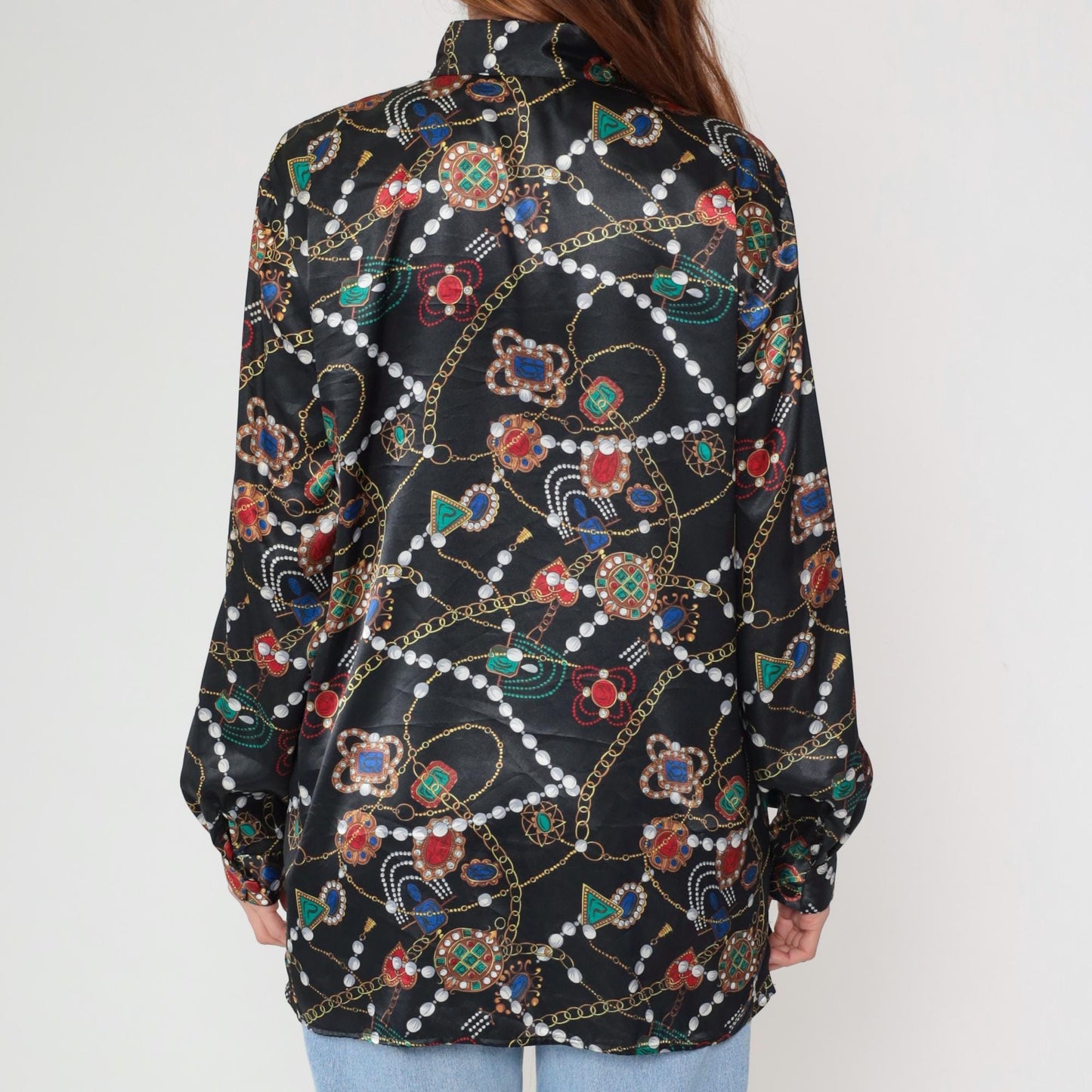90s Baroque Gemstone Pearl Print Blouse Black Gold Chain Long Sleeve Large L