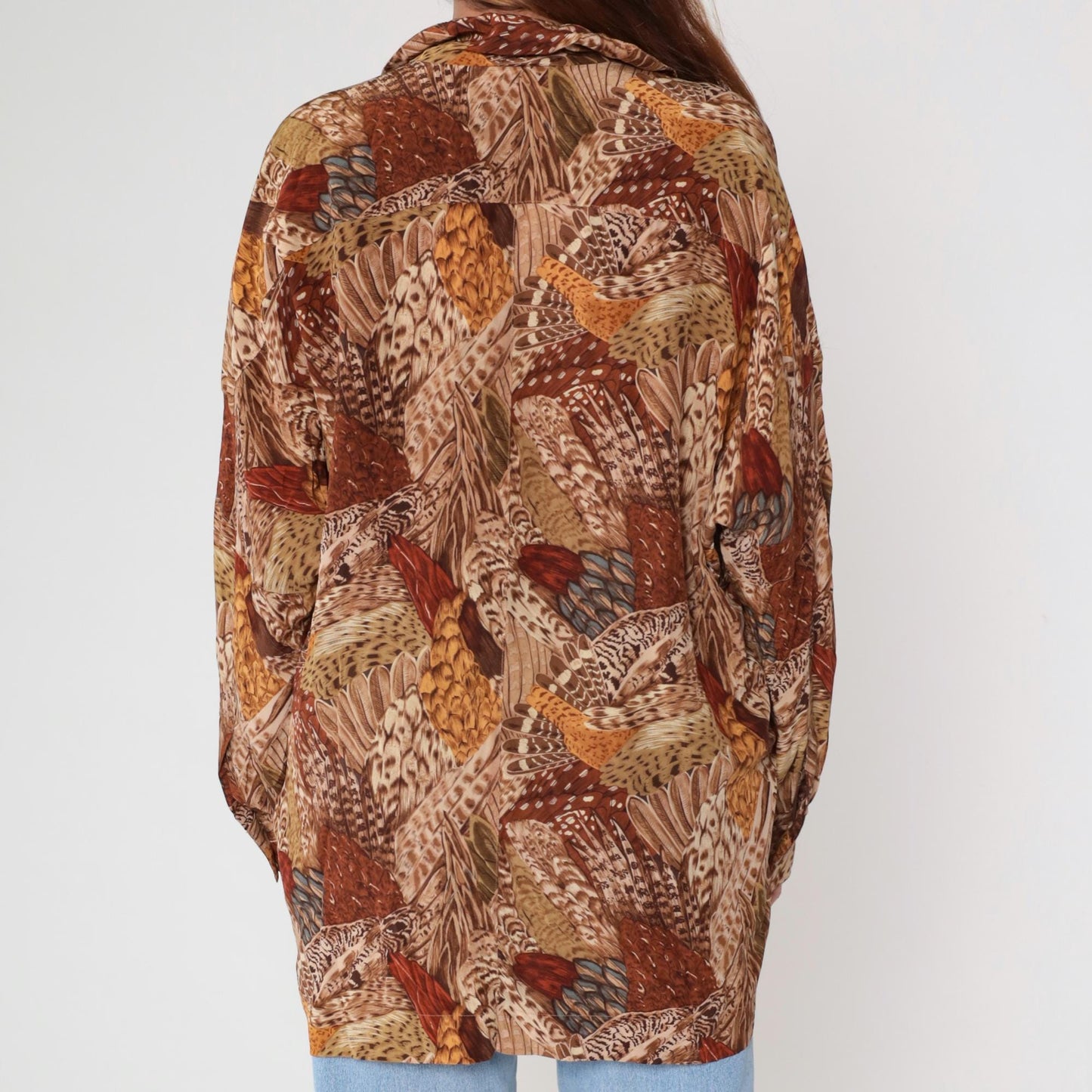 Ellen Tracy Silk Feather Print Blouse Brown Button Front Long Sleeve Large