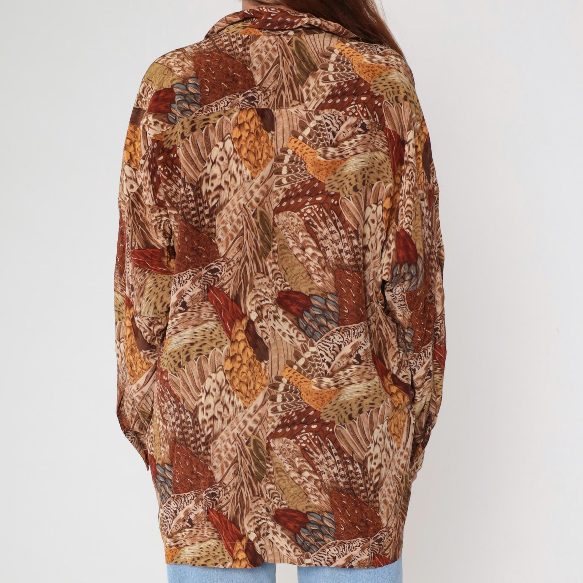 Ellen Tracy Silk Feather Print Blouse Brown Button Front Long Sleeve Large