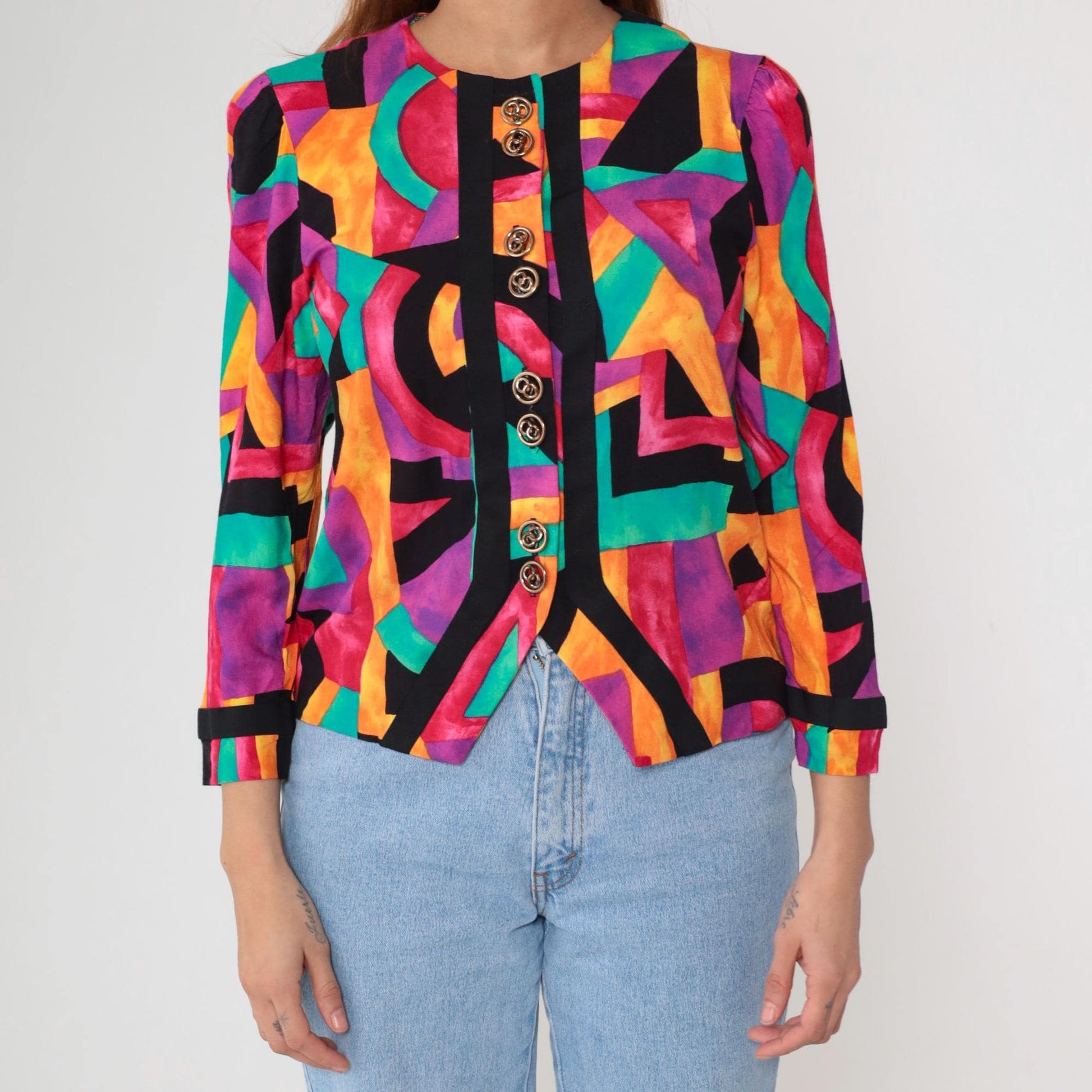 90s Lady Carol Petites Geometric Rayon Blazer Rainbow Abstract Gold Buttons Small