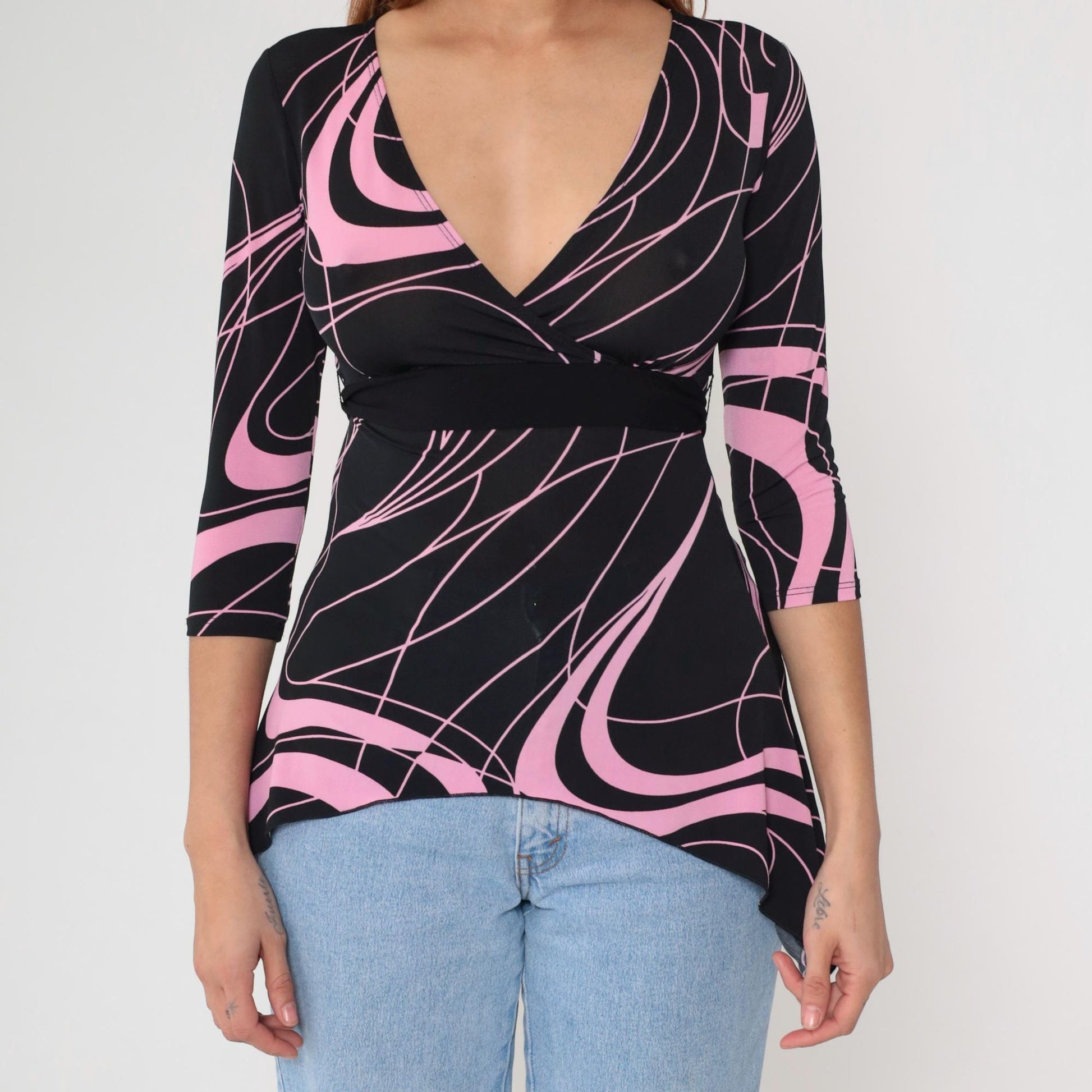 Y2K Tempted Wrap Top Black Pink Swirl Print V-Neck Small S