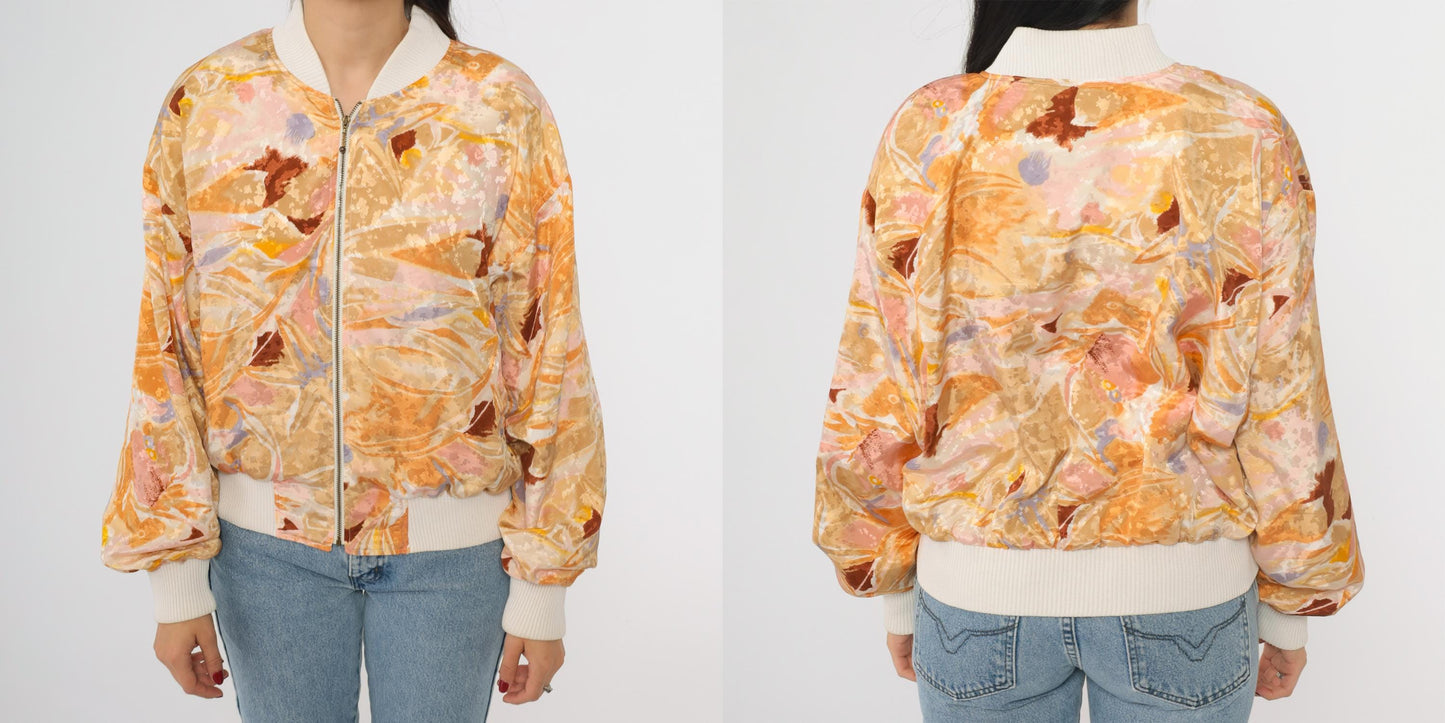 90s Hanasport Watercolor Bomber Jacket Abstract Print Peach Medium M