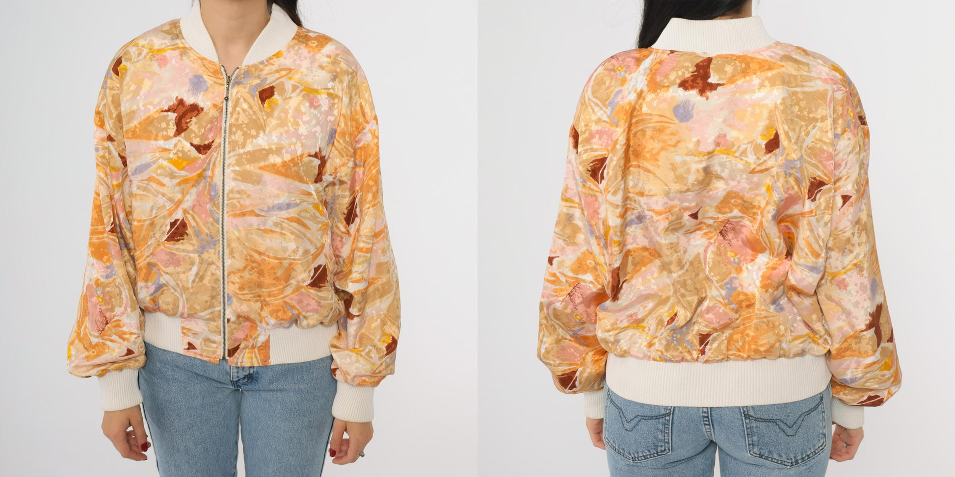 90s Hanasport Watercolor Bomber Jacket Abstract Print Peach Medium M