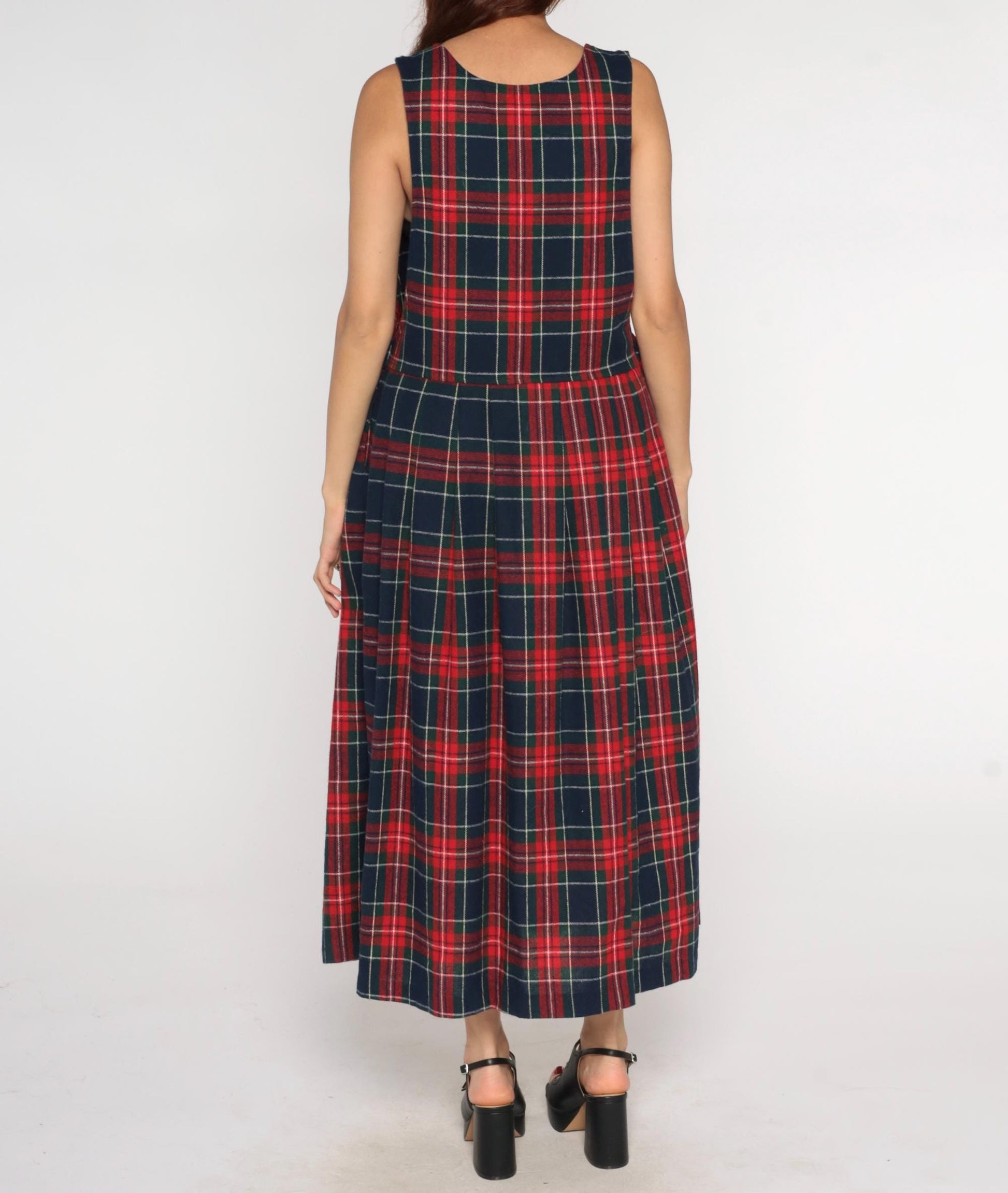 90s Willow Bend Plaid Pinafore Midi Dress Green Red Wool Blend Large