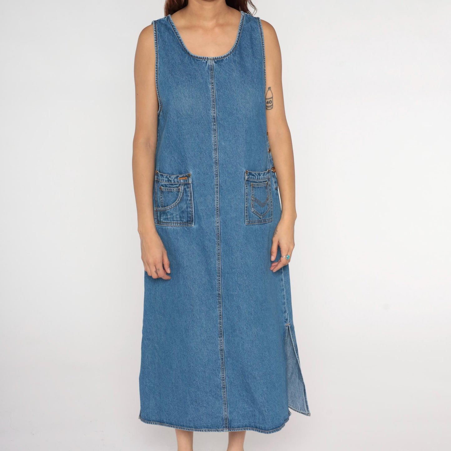 90s Agapo Denim Jumper Dress Blue Cotton Ankle Length Sleeveless Medium M