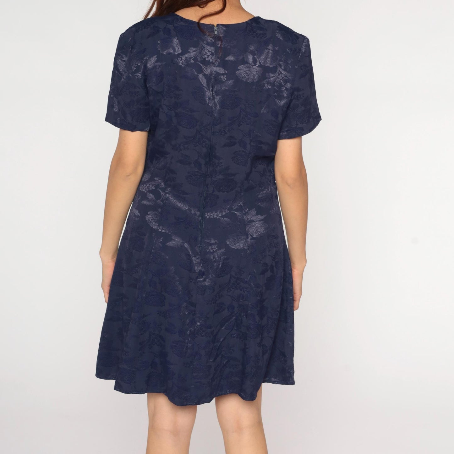 90s Navy Floral Jacquard Dress Short Sleeve Scoop Neck A-Line Lace Trim Large
