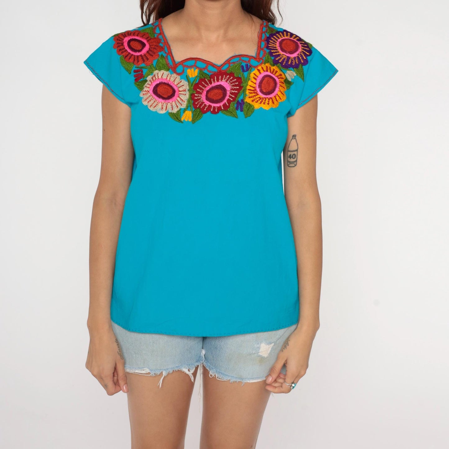 90s Mexican Floral Embroidered Blouse Blue Short Sleeve Small S