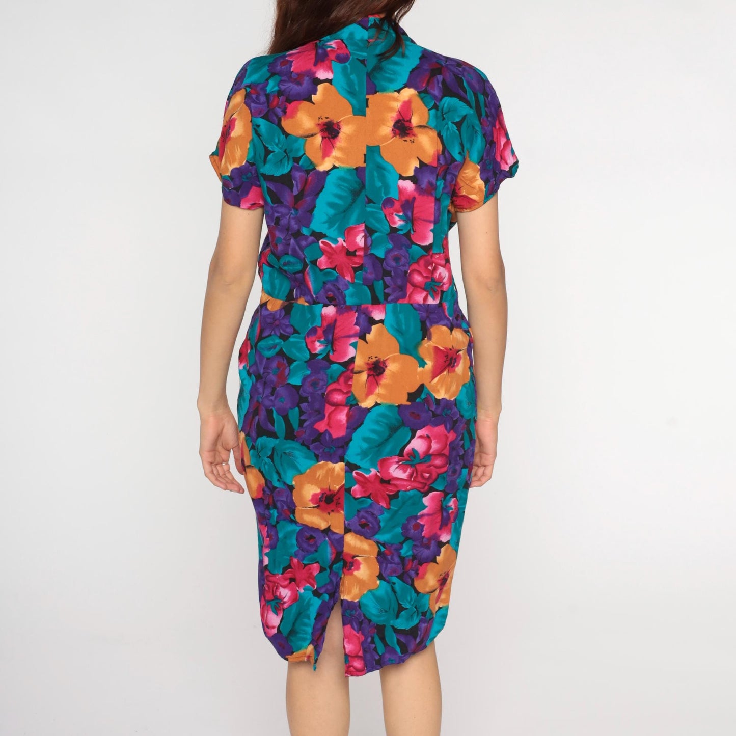 90s Tess Dress Tropical Floral Print V-Neck Tie Waist Dress Medium M