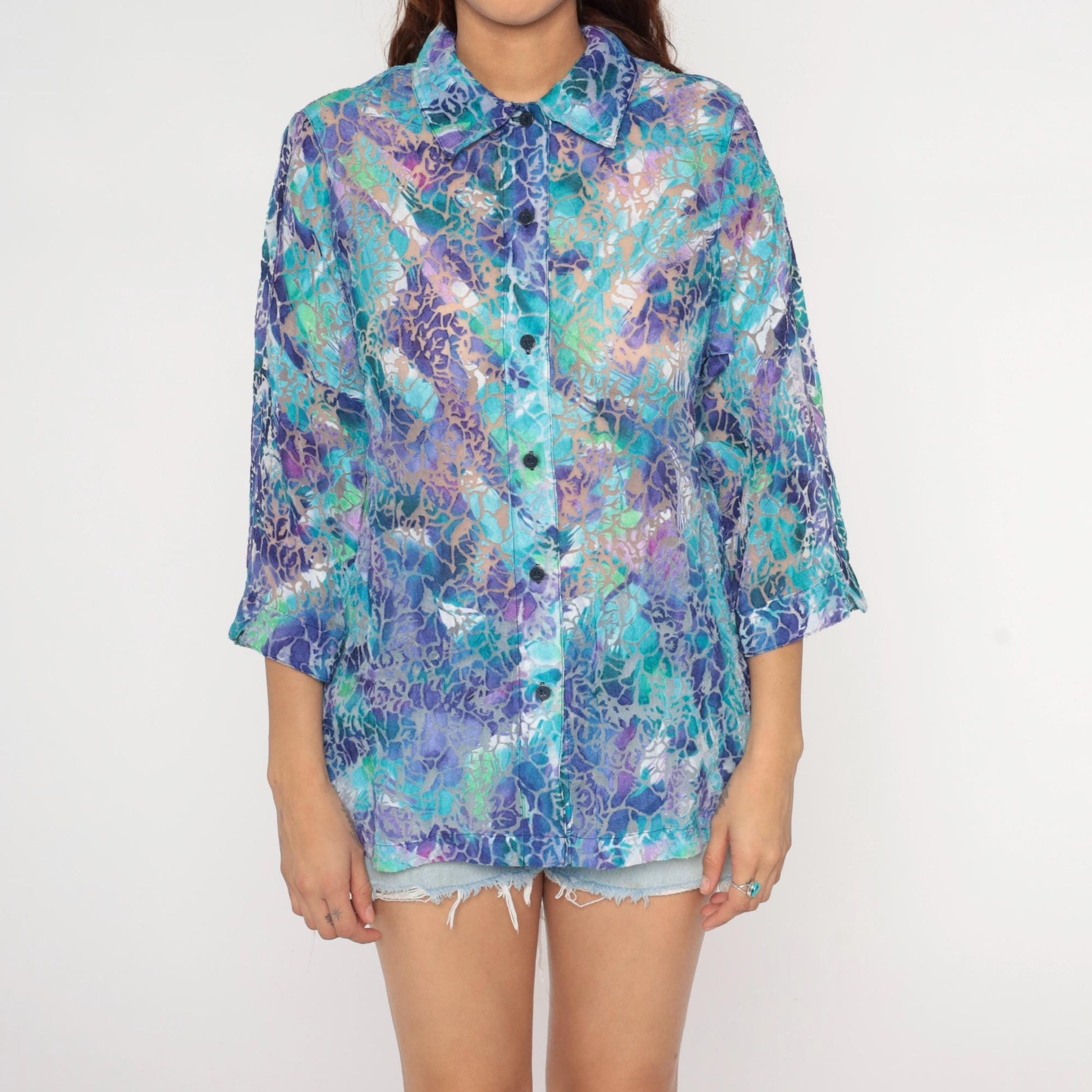 90s Allison Daley Sheer Burnout Blouse Holographic Floral Purple Large L