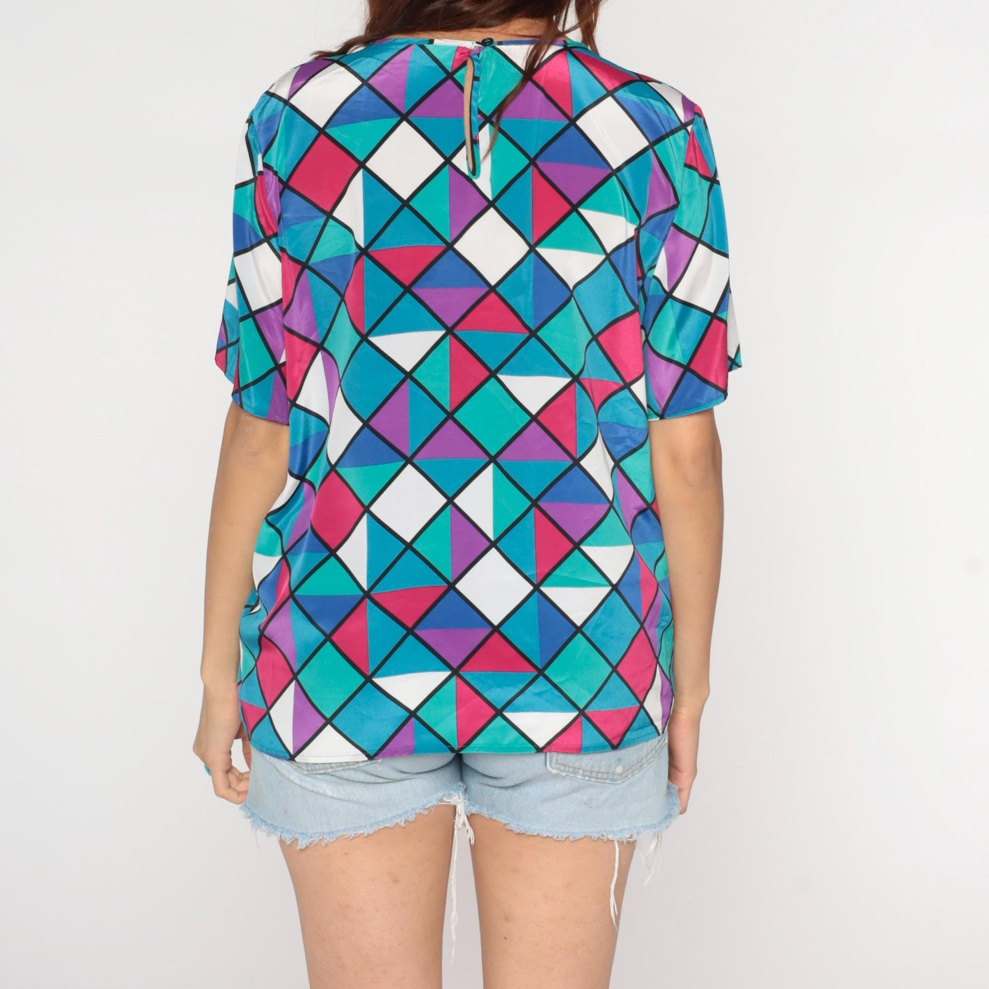 90s Geometric Square Triangle Print Button Up Blouse Colorful Short Sleeve Large L