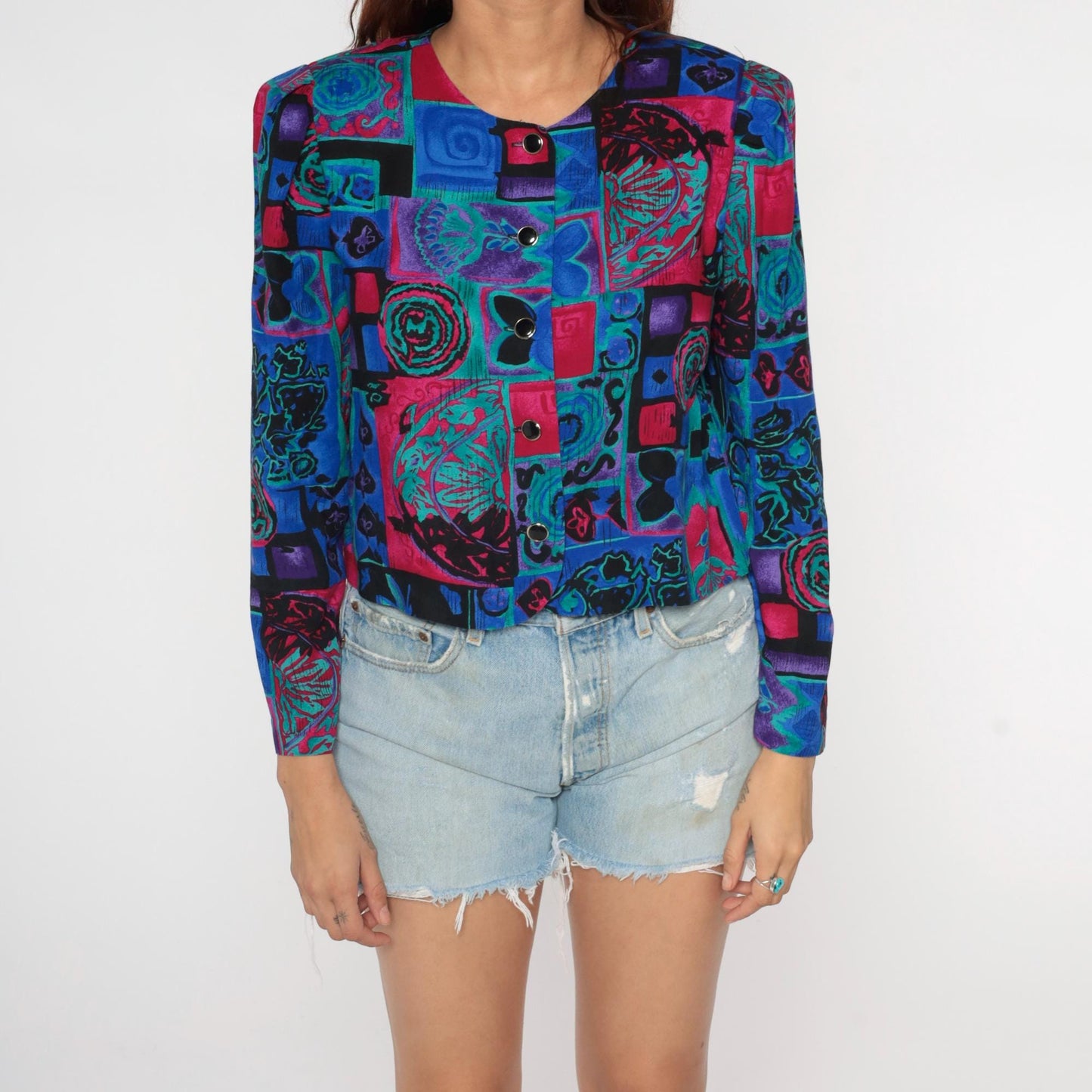 90s Patchwork Button Blouse Abstract Geometric Print Cropped Long Sleeve Medium
