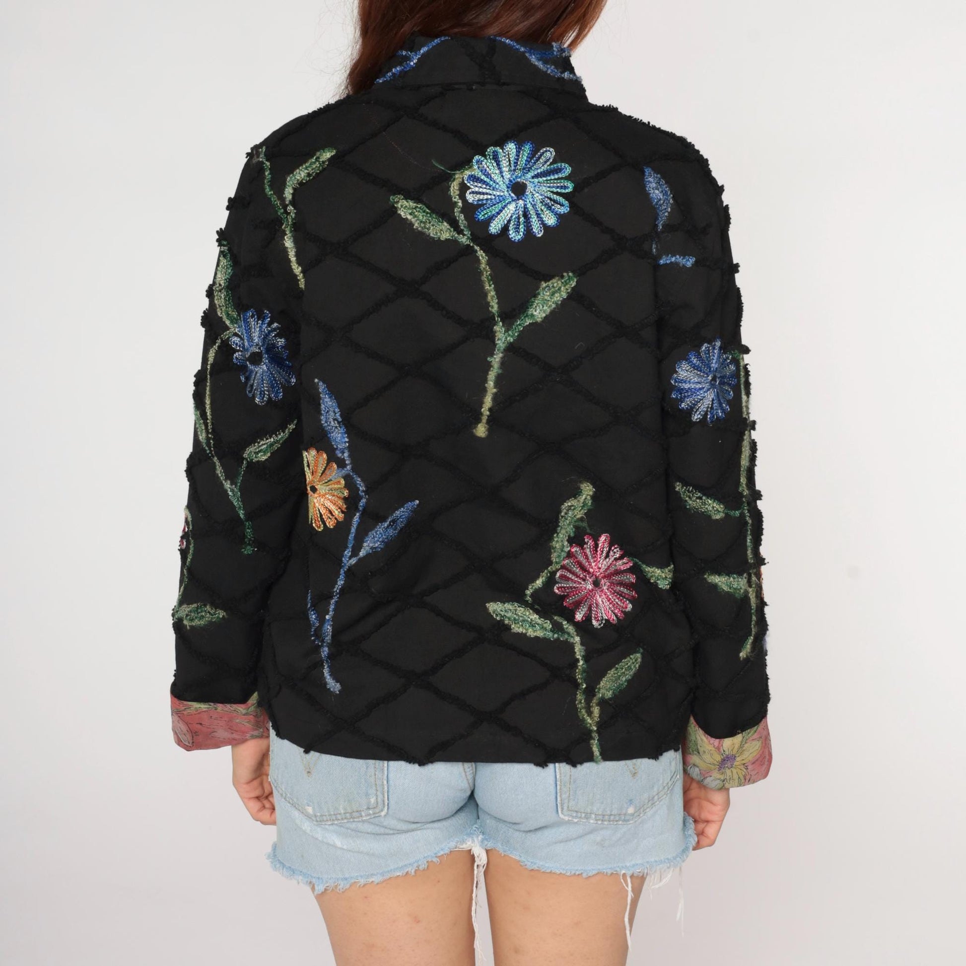 Y2K Black Quilted Cotton Jacket Embroidered Floral Chain Stitch Medium M