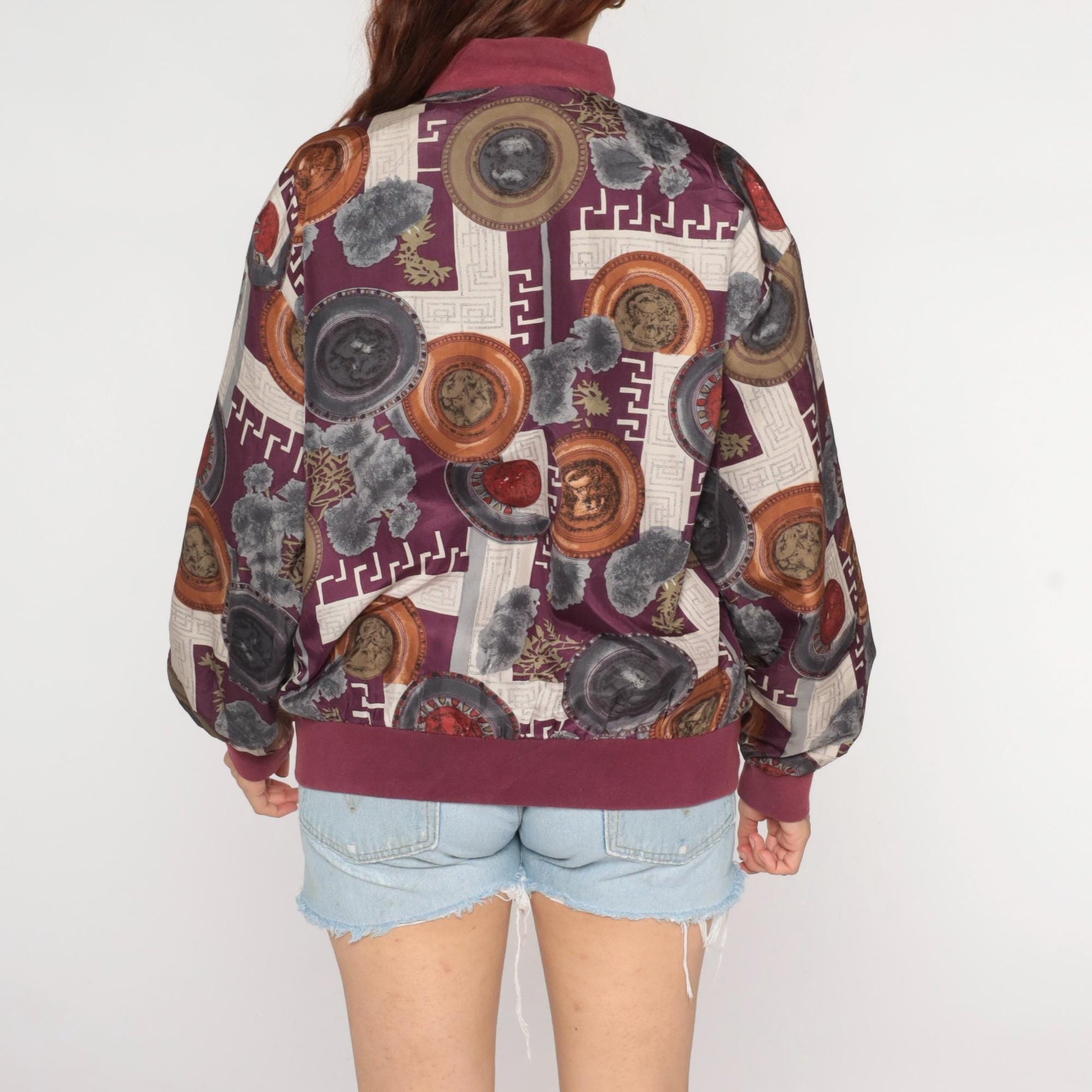 90s Cocoon Silk Windbreaker Jacket Abstract Geometric Print Burgundy Small S