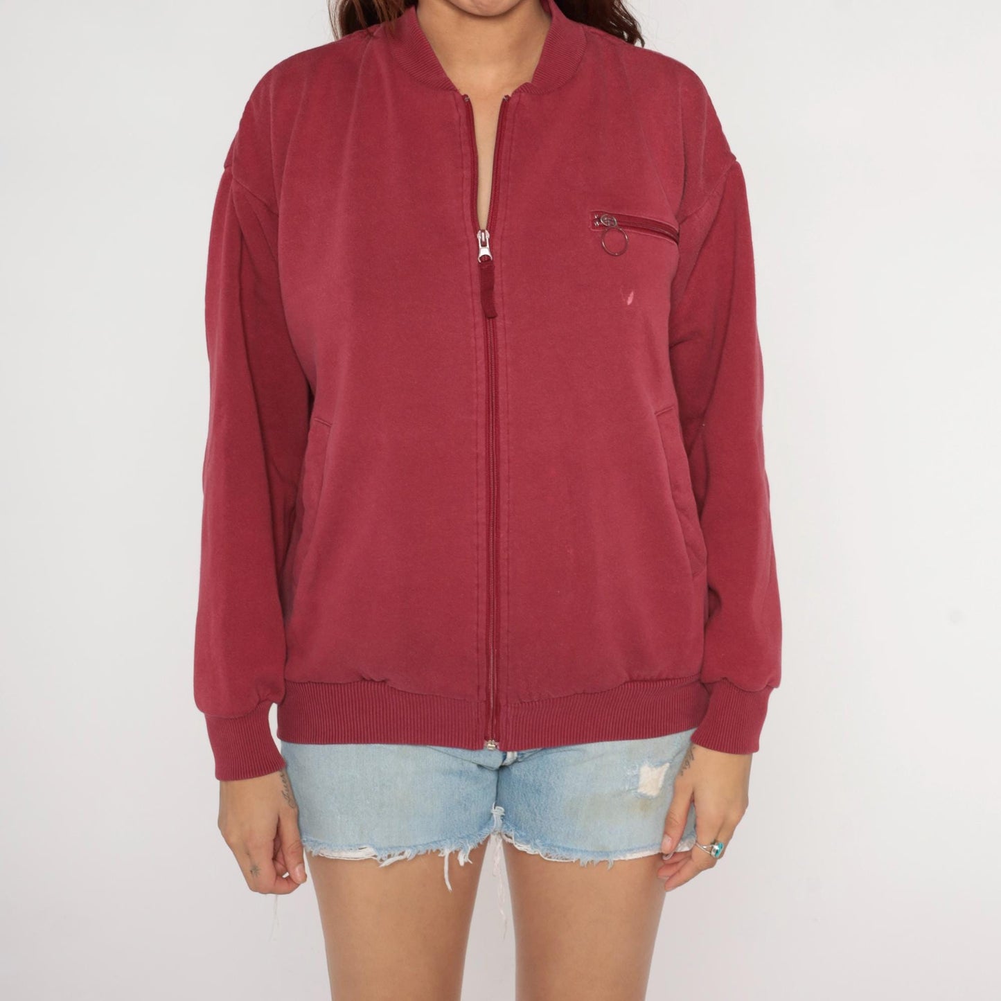 80s Burgundy Track Jacket Wine Red Zip Sweatshirt Ribbed Cuffs Small
