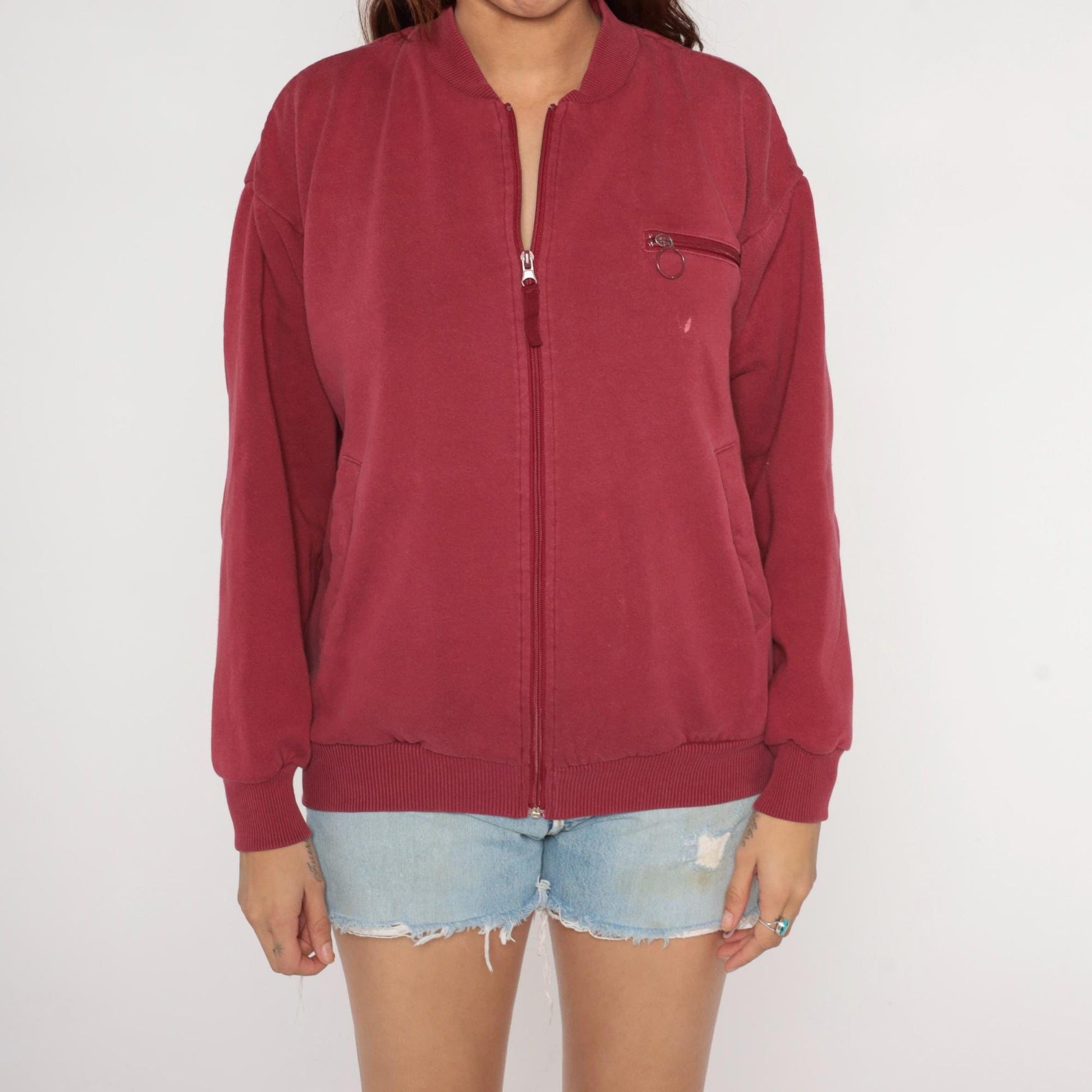 80s Burgundy Track Jacket Wine Red Zip Sweatshirt Ribbed Cuffs Small