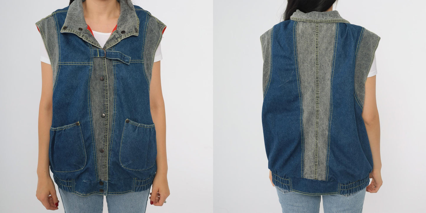 80s Izzi Reversible Denim Vest Blue Red Colorblock Medium M