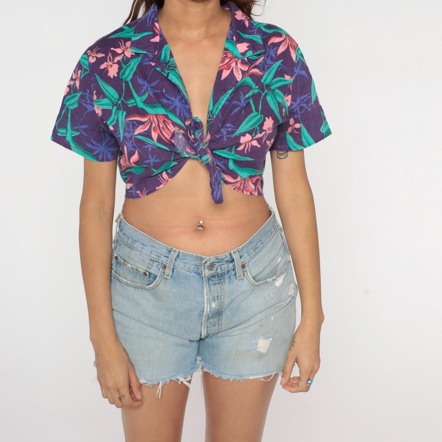 90s Tropical Floral Crop Top Hawaiian Print Tie Front Purple Small