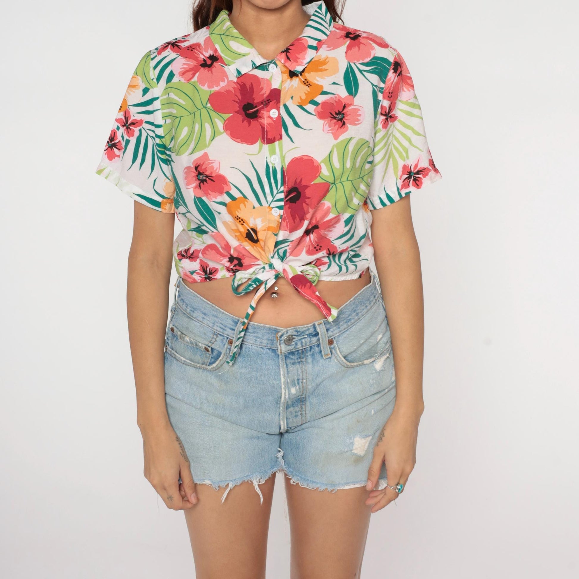 Y2K Tropical Hibiscus Crop Top Button Up Floral Shirt Pink Coral Medium